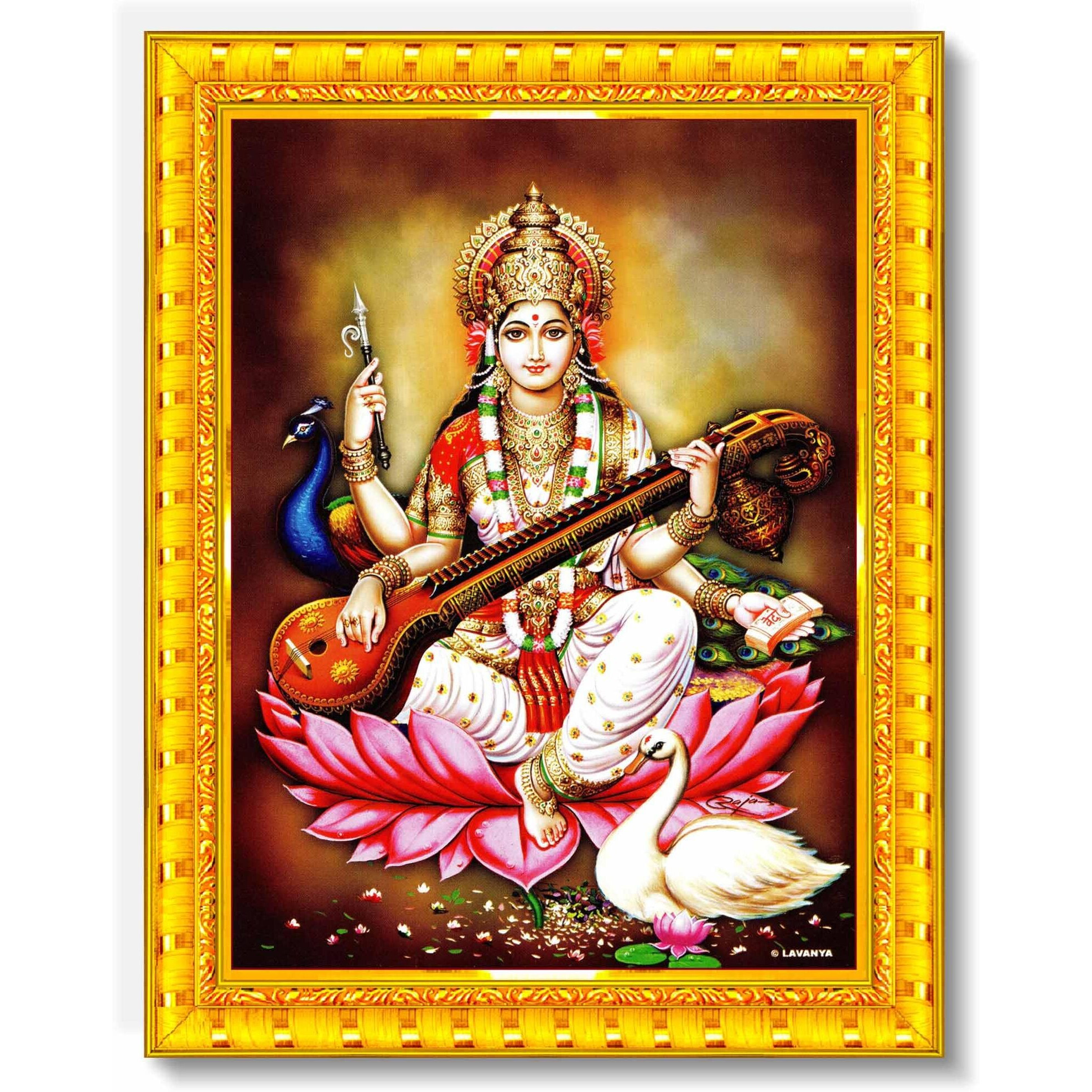 Pavan Photo Laminations Saraswati Devi Goddess Saraswathi Maa Wall Painting Framed Home Decor (Wood,Matte,Gold,Small Size,6 X 8 Inch) R1724S