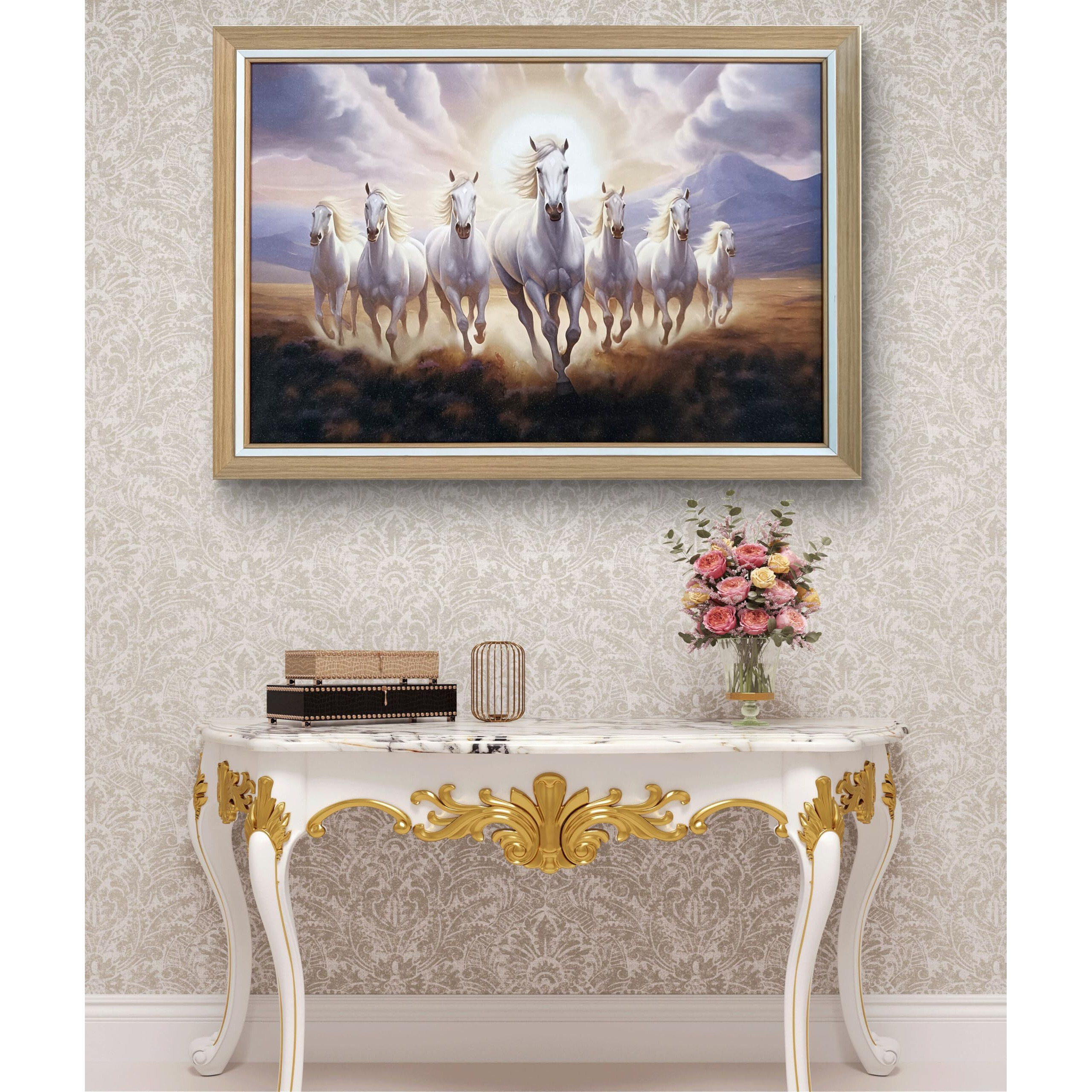 Elegance Vastu Seven Running White Horses Painting Sunrise Picture Photo Frame Outer Size- 19.5 Length X 13.5 Height Inch
