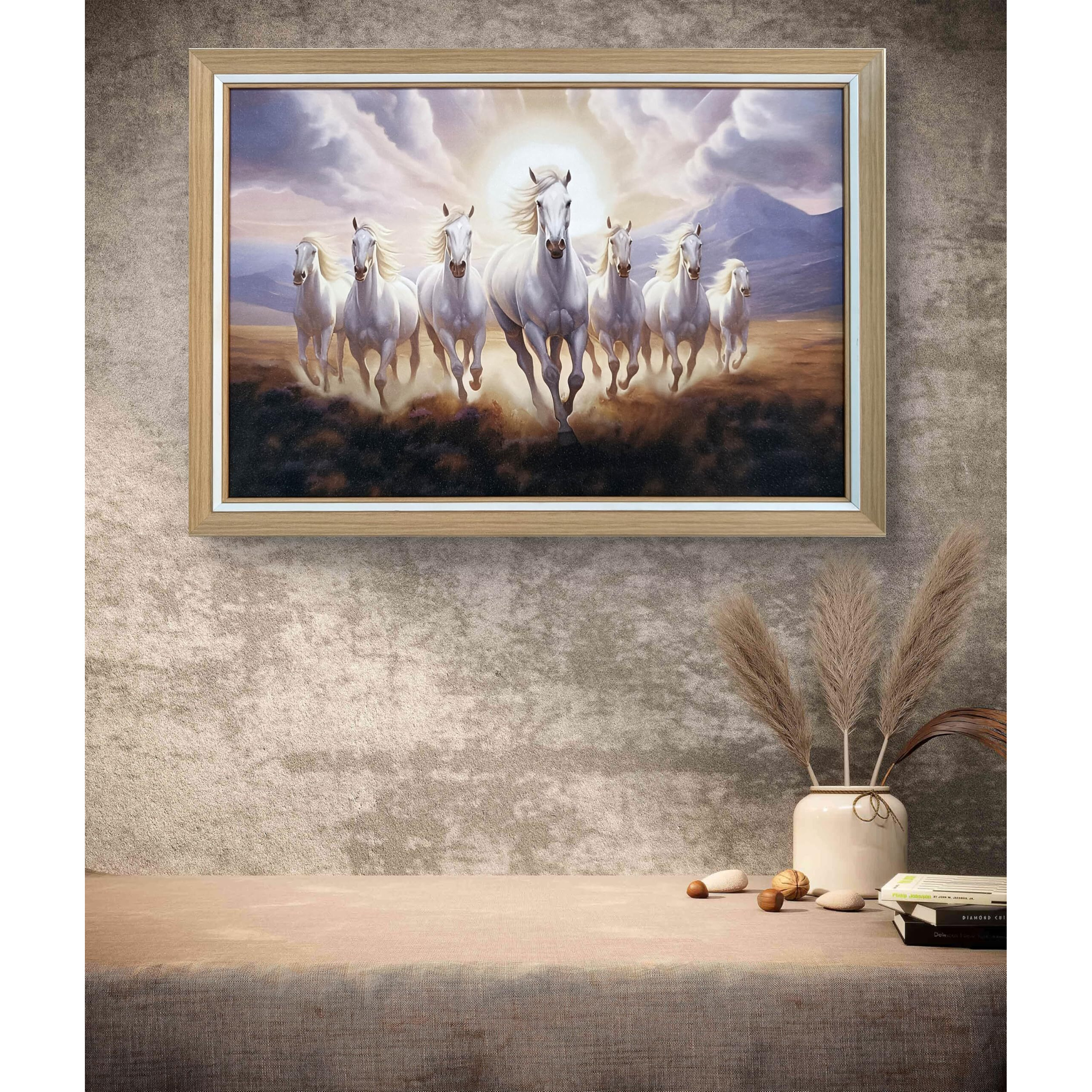 Elegance Vastu Seven Running White Horses Painting Sunrise Picture Photo Frame Outer Size- 19.5 Length X 13.5 Height Inch