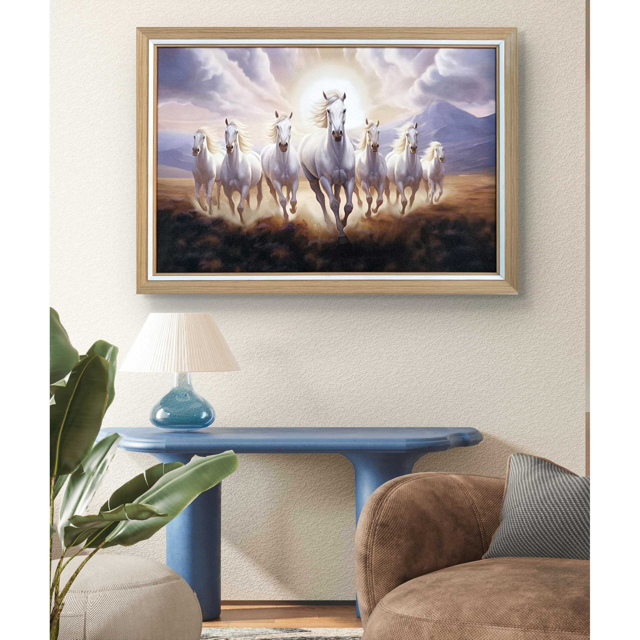 Elegance Vastu Seven Running White Horses Painting Sunrise Picture Photo Frame Outer Size- 19.5 Length X 13.5 Height Inch