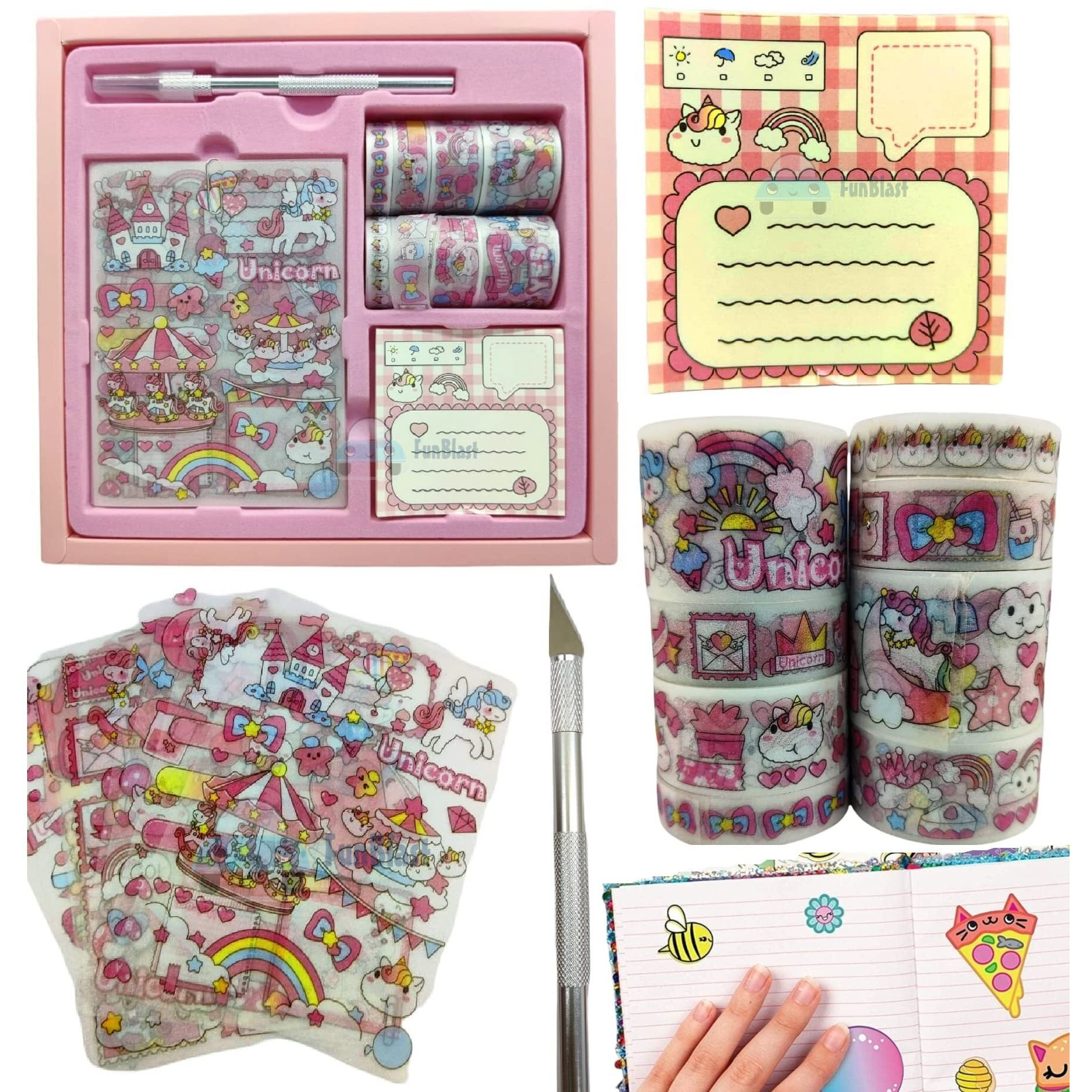 Funblast Paper Washi Tape Set And Stickers - Unicorn Theme Washi Tape Set, Designer Decorative Masking Tapes & Kawaii Stickers For Diy Arts & Crafts Work, Scrapbooking Bullet Journal Planners