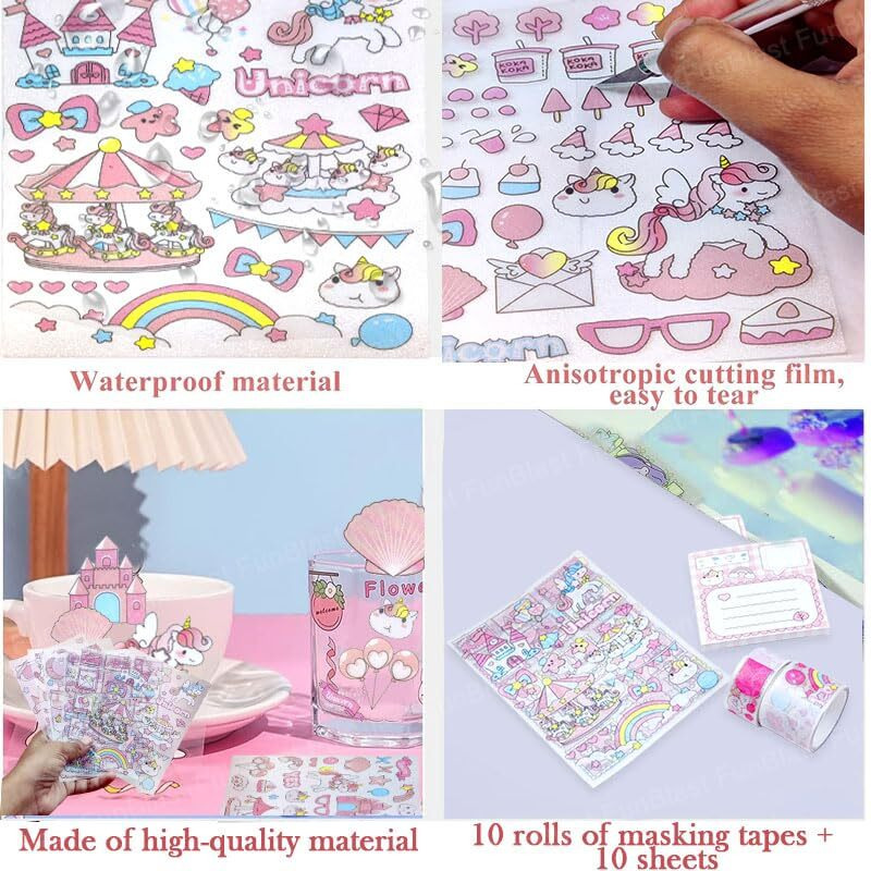 Funblast Paper Washi Tape Set And Stickers - Unicorn Theme Washi Tape Set, Designer Decorative Masking Tapes & Kawaii Stickers For Diy Arts & Crafts Work, Scrapbooking Bullet Journal Planners