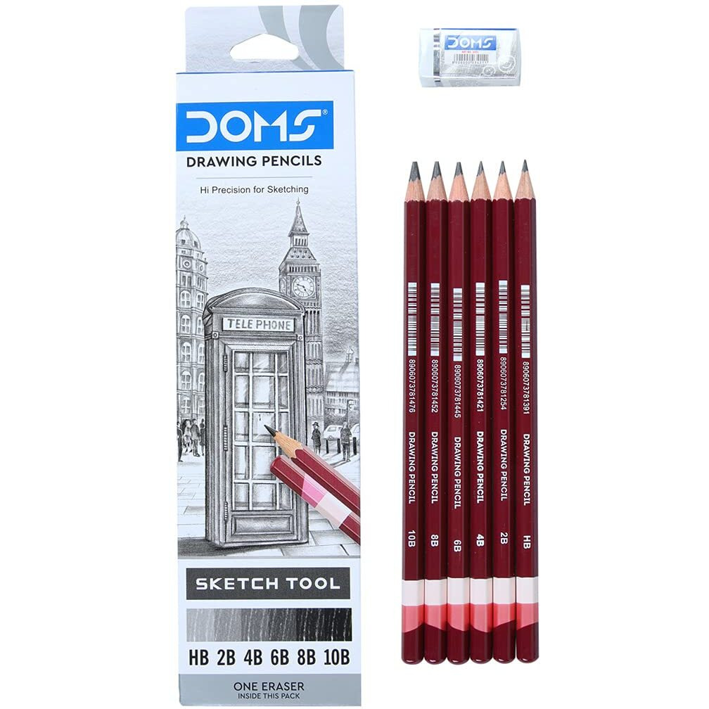 Doms Drawing & Sketching Graphite Pencils - Grade Hb, 2B, 4B, 6B, 8B & 10B | Hi Precision For Sketching | Dark & Neat Drawing | Comes With 1 Eraser (Pack Of 6 X 5 Set)