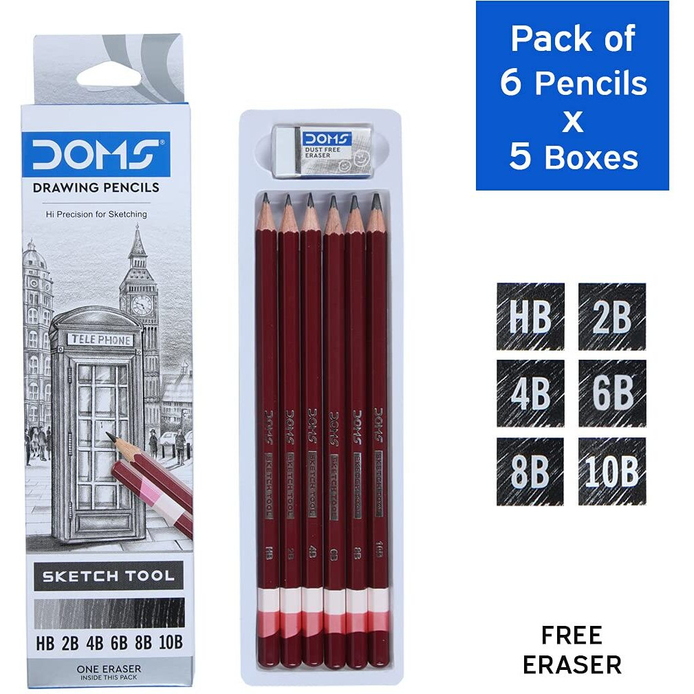 Doms Drawing & Sketching Graphite Pencils - Grade Hb, 2B, 4B, 6B, 8B & 10B | Hi Precision For Sketching | Dark & Neat Drawing | Comes With 1 Eraser (Pack Of 6 X 5 Set)