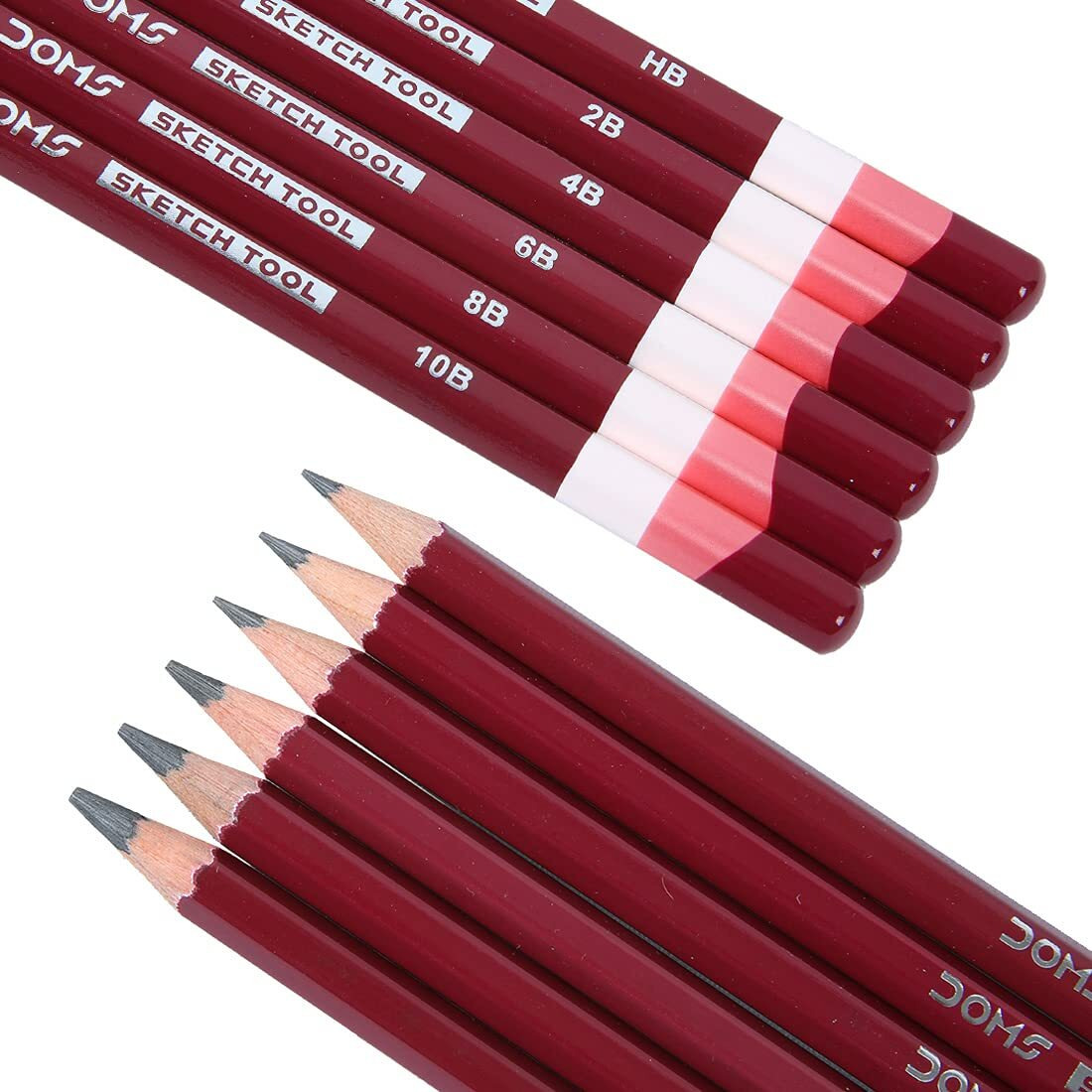 Doms Drawing & Sketching Graphite Pencils - Grade Hb, 2B, 4B, 6B, 8B & 10B | Hi Precision For Sketching | Dark & Neat Drawing | Comes With 1 Eraser (Pack Of 6 X 5 Set)