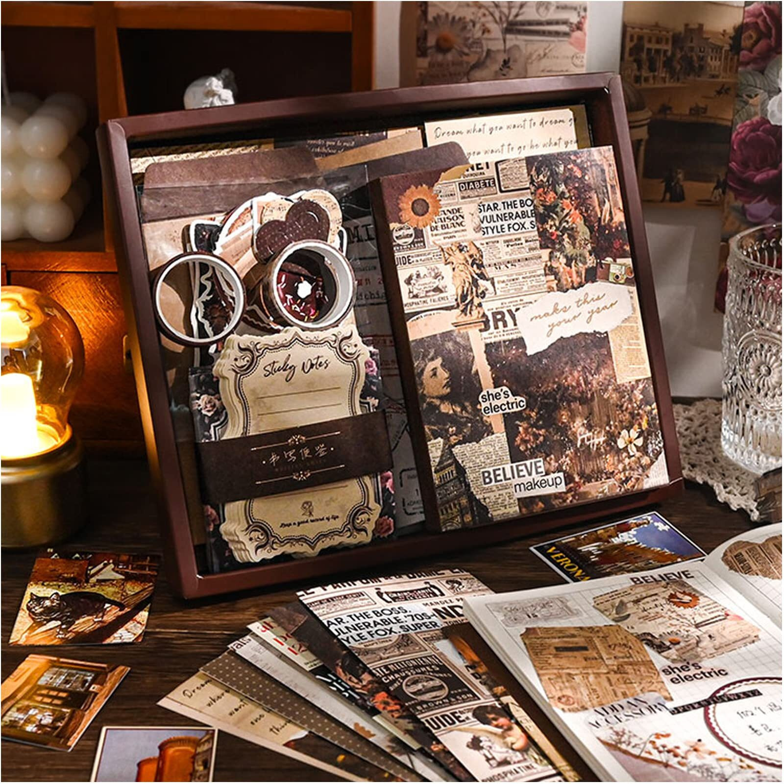 Hasthip Journaling Kit, Vintage Scrapbook Stickers Pack With A6 Notebook, Aesthetic Paper, Stickers, Washi Tape For Diy Craft Journaling Bullet Junk Journal Planners Diy Craft Notebook Album