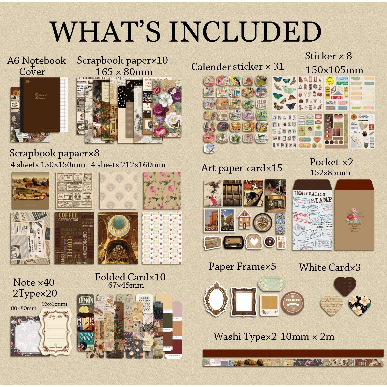 Hasthip Journaling Kit, Vintage Scrapbook Stickers Pack With A6 Notebook, Aesthetic Paper, Stickers, Washi Tape For Diy Craft Journaling Bullet Junk Journal Planners Diy Craft Notebook Album