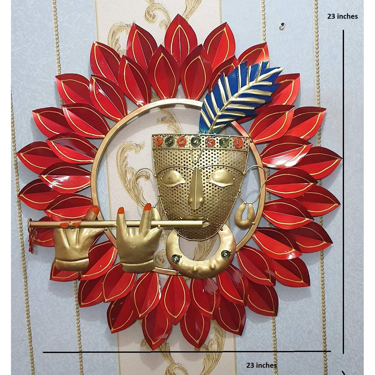 Anshika International Vintage Metal Red Krishna Playing Basuri Wall Art Frame, Wall Hangings For Home Decoration, Wall Sculpture For Living Room, Wall Hanging Decorative Items (Size 23X23 In)