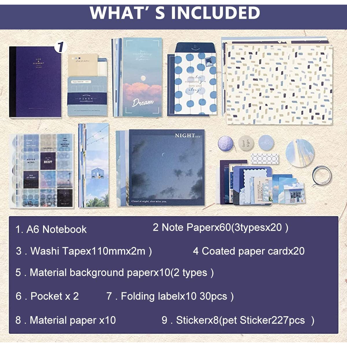 Hasthip Scrapbooking Supplies Gift Set Notebook Washi Tape Stickers Set Aesthetic Scrapbook Sticker Kit For Bullet Journal, Scrapbook, Diy Craft, Wall Decor, Paper (Blue)