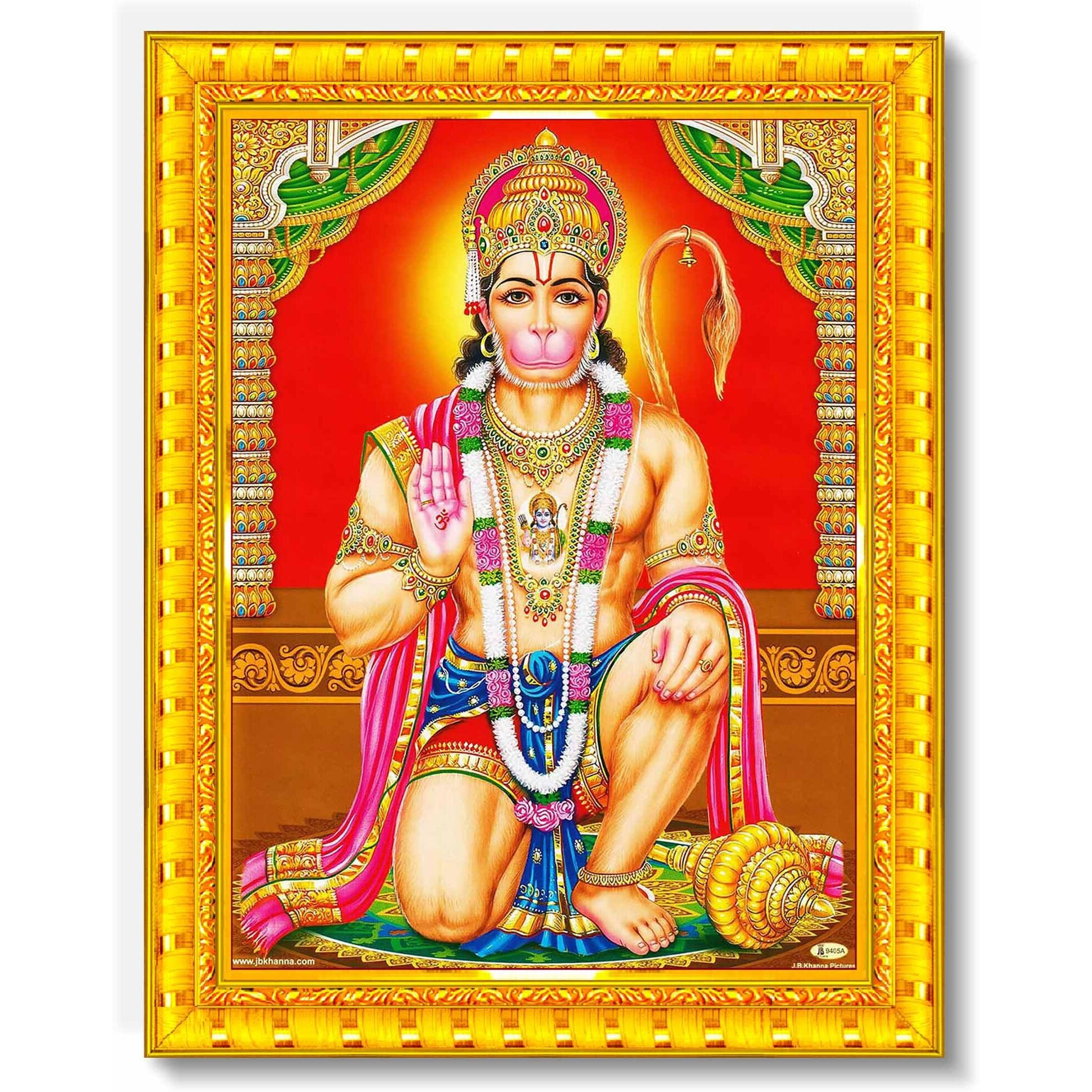 Pavan Photo Laminations Lord Hanuman Ji Hanumanji Jai Bajrangbali Wall Painting Framed Home Decor (Wood,Matte,Gold,Small Size,6 X 8 Inch) R756S