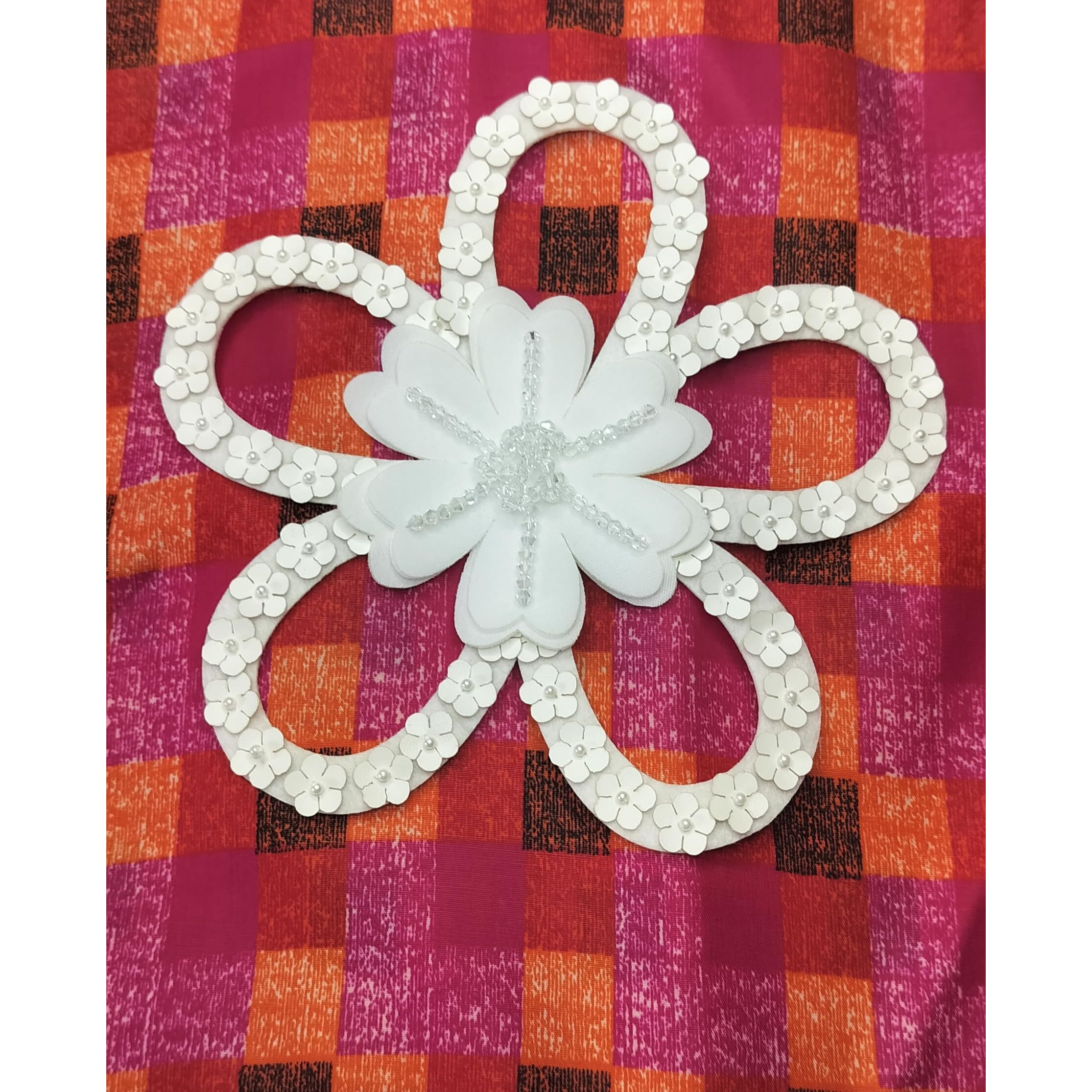 Sync Very Big White Patch Decoration 21 Cm Flower Patch For Clothes Stone Beads Flowers Craft Artificial Blouse Hair Dresses Dupatta Suits, Sarees Gowns 1 Piece Flower Diy Suits Dupatta Kurti