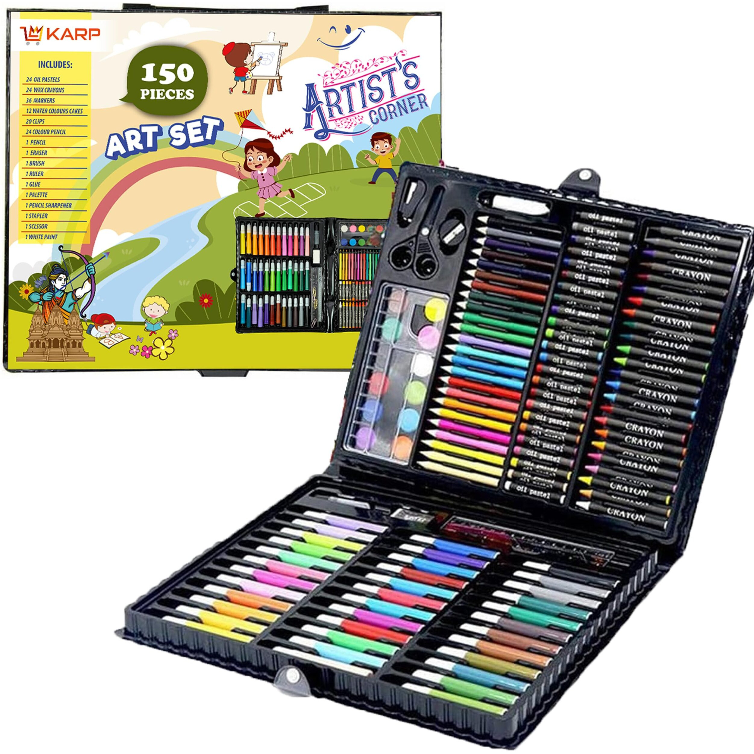 Karp Children Deluxe Art Drawing Set For Kids Case Art And Craft Supplies Drawing And Painting Set Great Gift (150Pcs -Black)