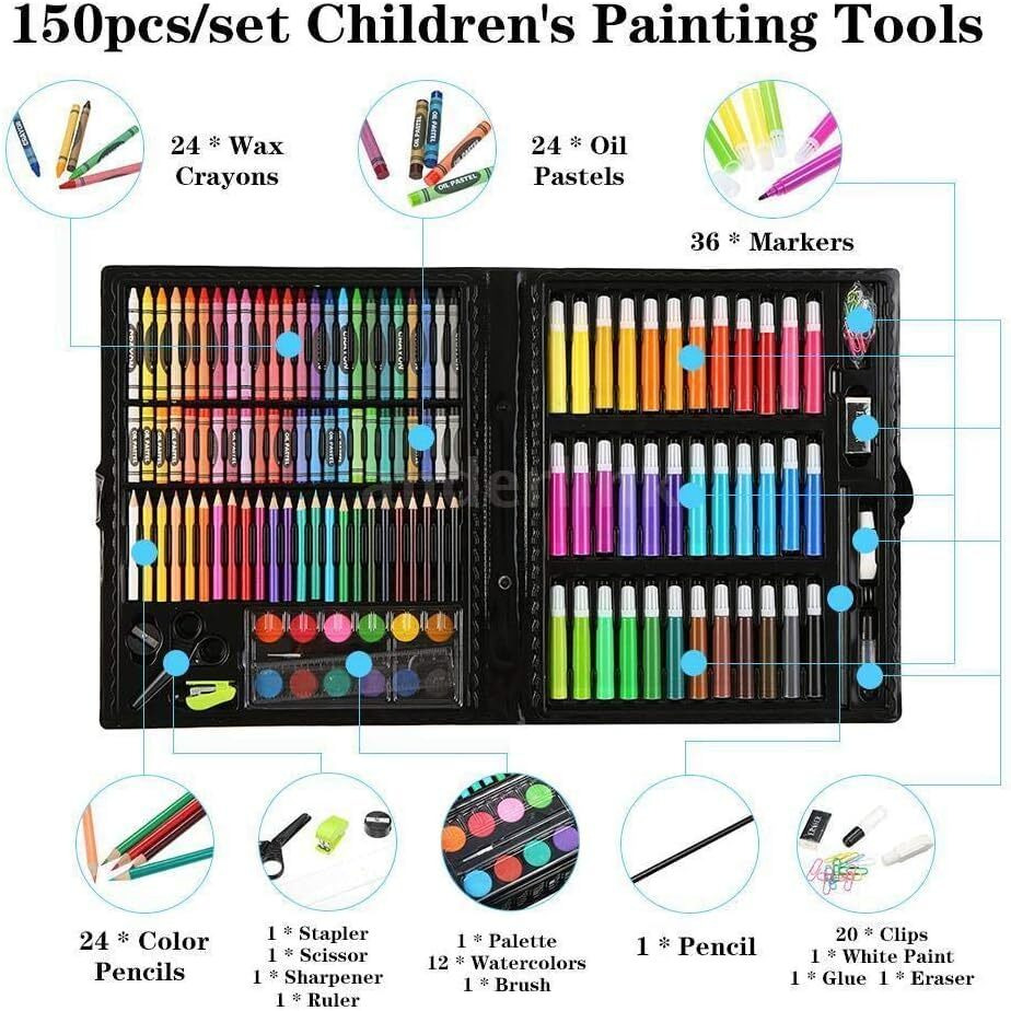 Karp Children Deluxe Art Drawing Set For Kids Case Art And Craft Supplies Drawing And Painting Set Great Gift (150Pcs -Black)