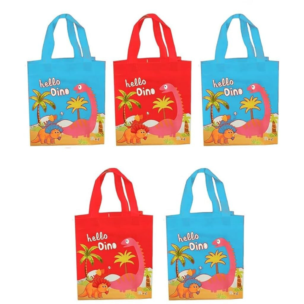 Nizomi 5 Pc Dinosaur Party Favor Bags - Dinosaur Themed Waterproof Carry Bags - Perfect For Return Gifts, Birthday Presents, Baby Shower, Christmas For Boys, Girls, Kids (Multi Color)