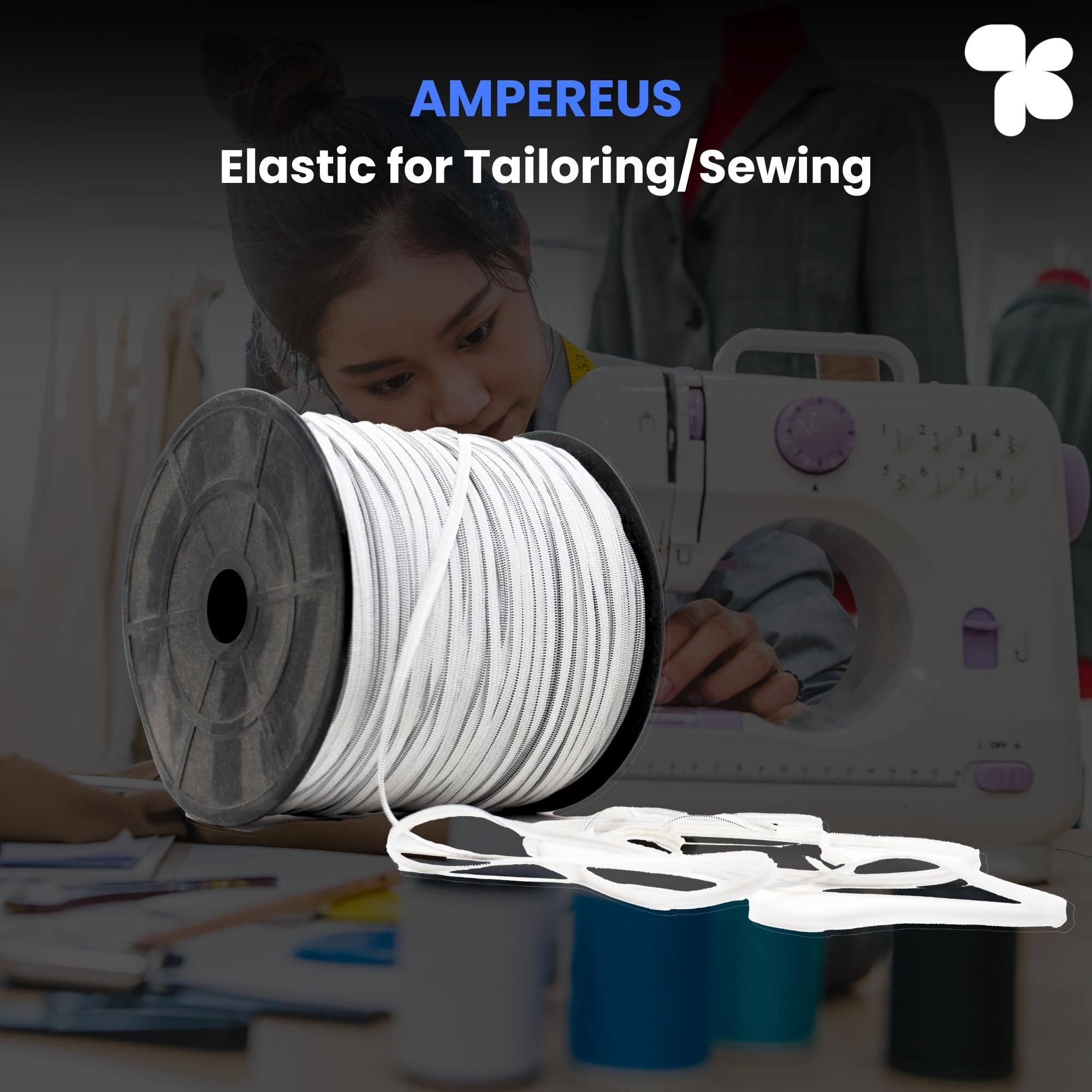 Ampereus Elastic Thread | Multi-Purpose Elastic Roll For Tailoring -Pack Of | Stretchable Elastic For Tailoring Materials | Elastic For Sewing, Crafting, And Garments | 300 Meter (White, 3 Mm)