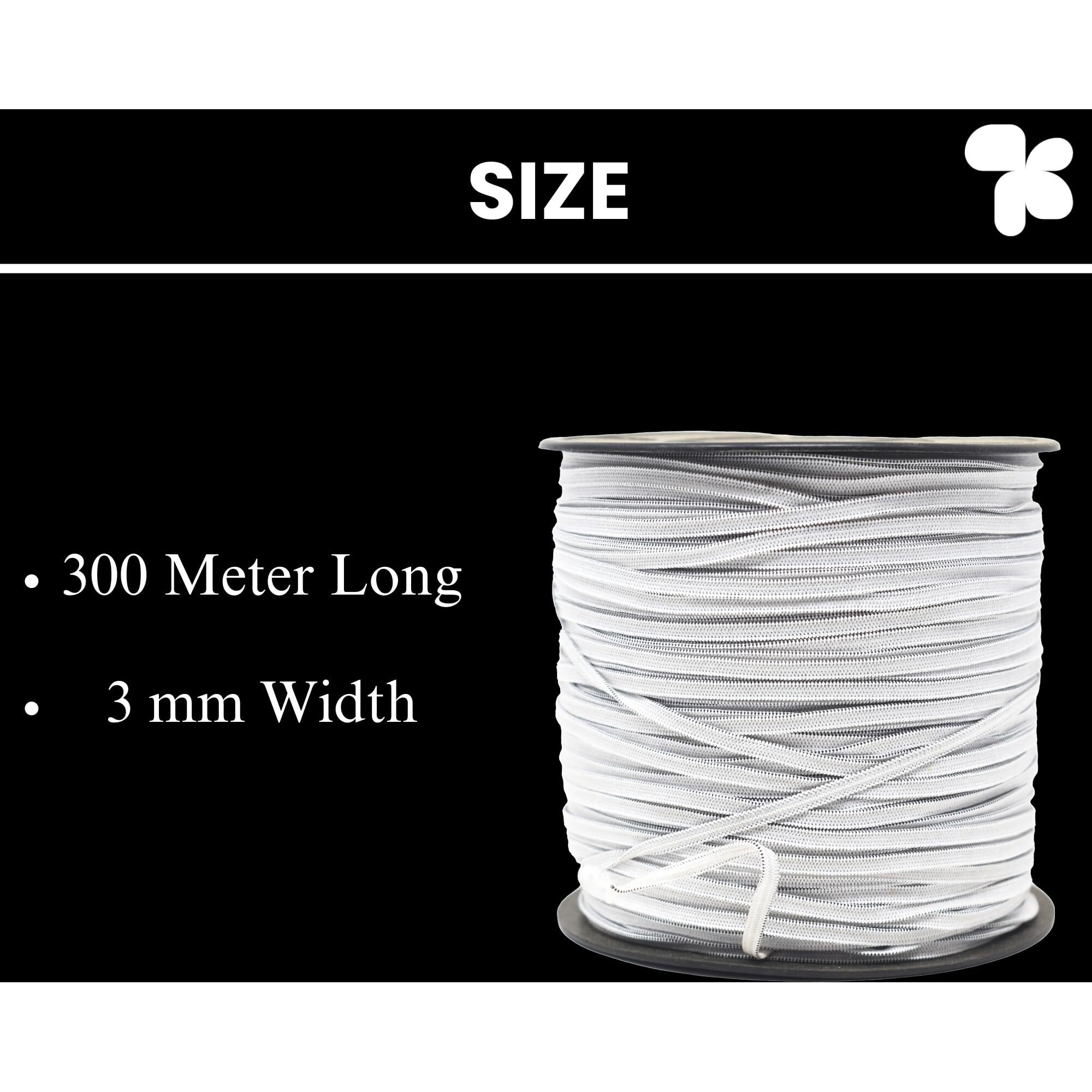 Ampereus Elastic Thread | Multi-Purpose Elastic Roll For Tailoring -Pack Of | Stretchable Elastic For Tailoring Materials | Elastic For Sewing, Crafting, And Garments | 300 Meter (White, 3 Mm)