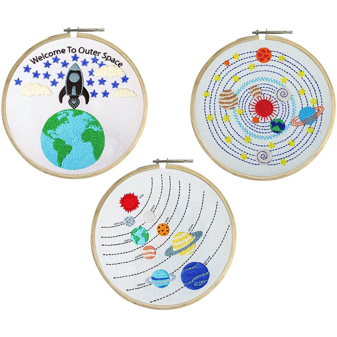 Embroiderymaterial Embroidery Kit/Cross Stitch Kit For Beginners Outer Space Design Digital Printed Cloth & Written Instructions All Material Included (Combo Of Three Space)
