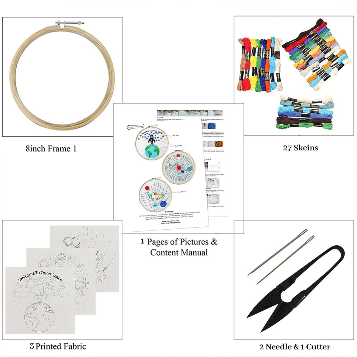 Embroiderymaterial Embroidery Kit/Cross Stitch Kit For Beginners Outer Space Design Digital Printed Cloth & Written Instructions All Material Included (Combo Of Three Space)