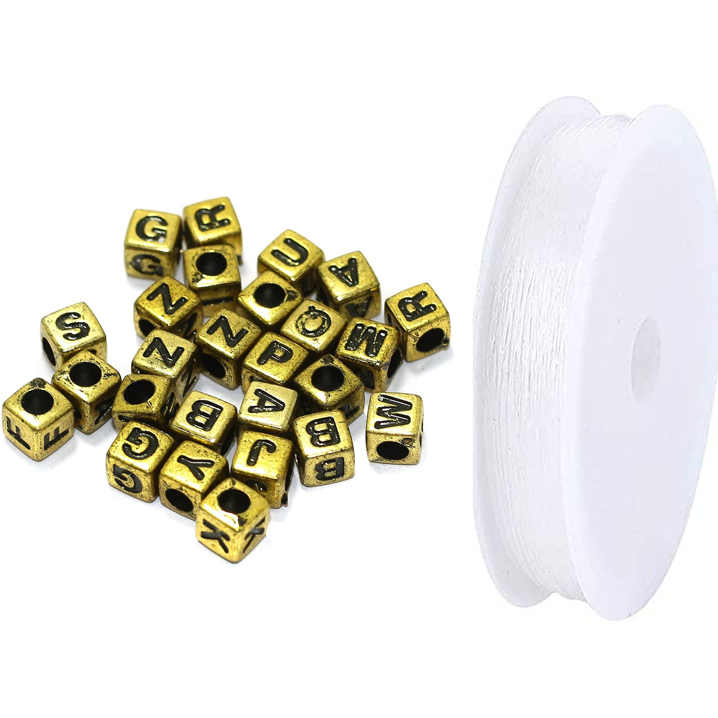 Beadsnfashion 500 Pcs Acrylic Round A To Z Alphabet Letter Beads Gold 6Mm 10 Mtrs Crystal String Elastic Cord For Jewellery Making, Diy Bracelets, Necklace, Key Chains And Kids Jewellery