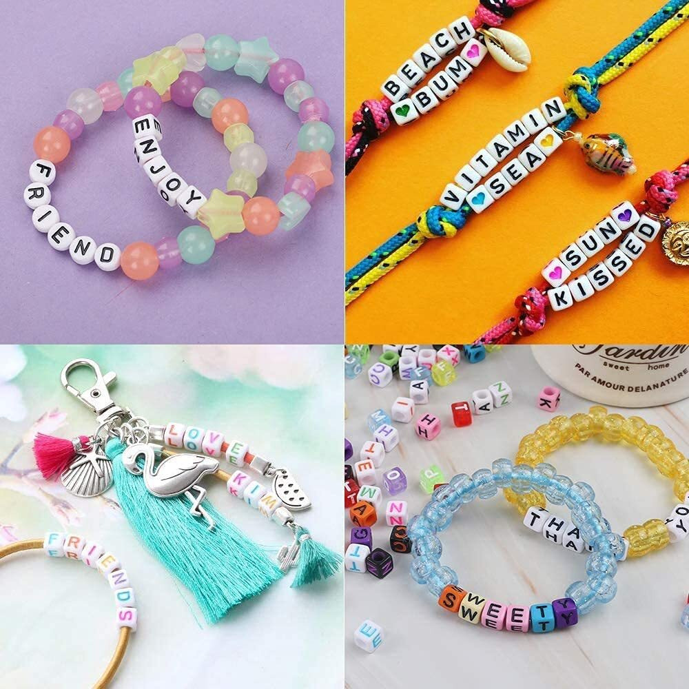 Beadsnfashion 500 Pcs Acrylic Round A To Z Alphabet Letter Beads Gold 6Mm 10 Mtrs Crystal String Elastic Cord For Jewellery Making, Diy Bracelets, Necklace, Key Chains And Kids Jewellery