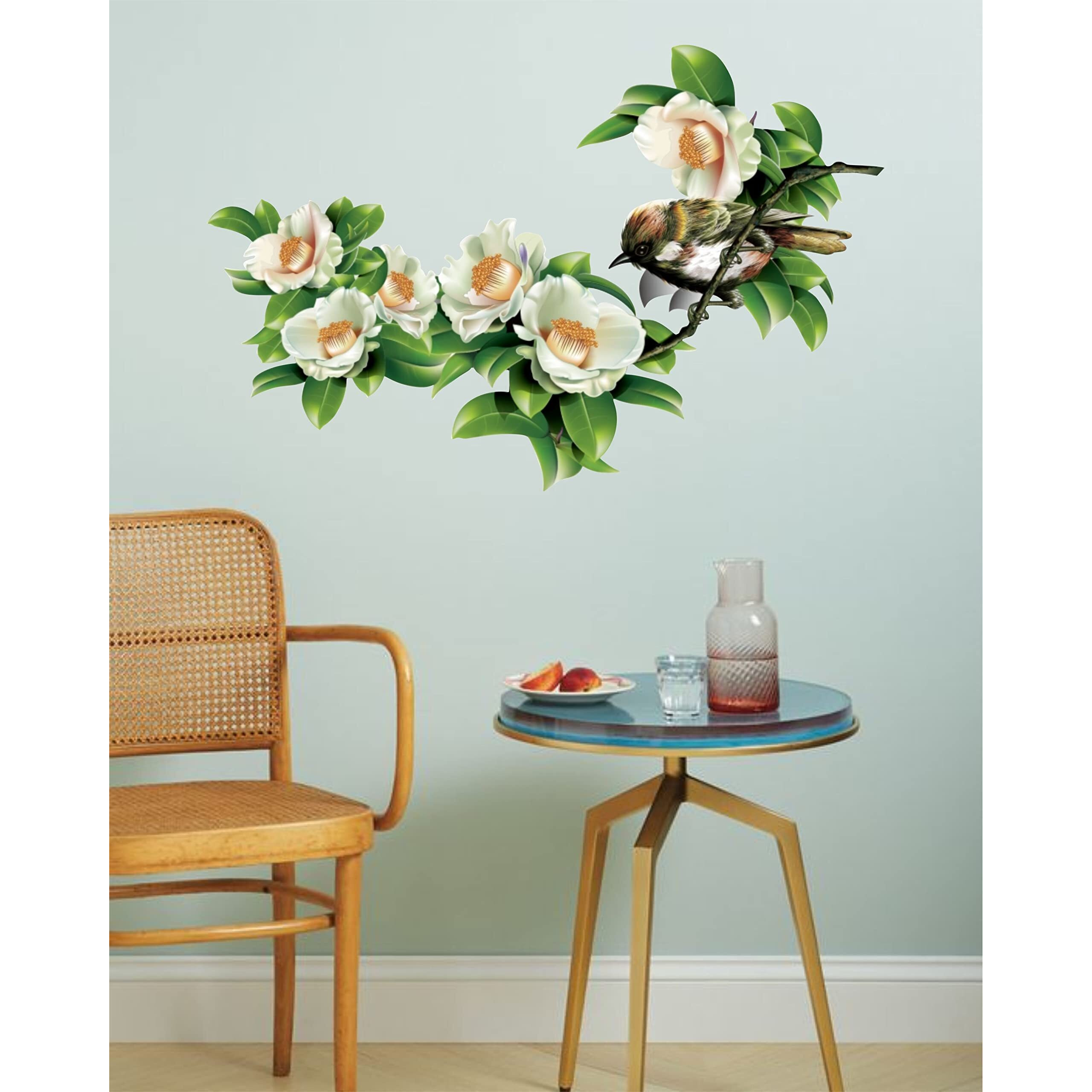Dreamkraft Beautiful White Flower With Birds Wall Sticker For Home Decor, Drawing Room (Multicolor, Pvc Vinyl 79 X 48Cm)