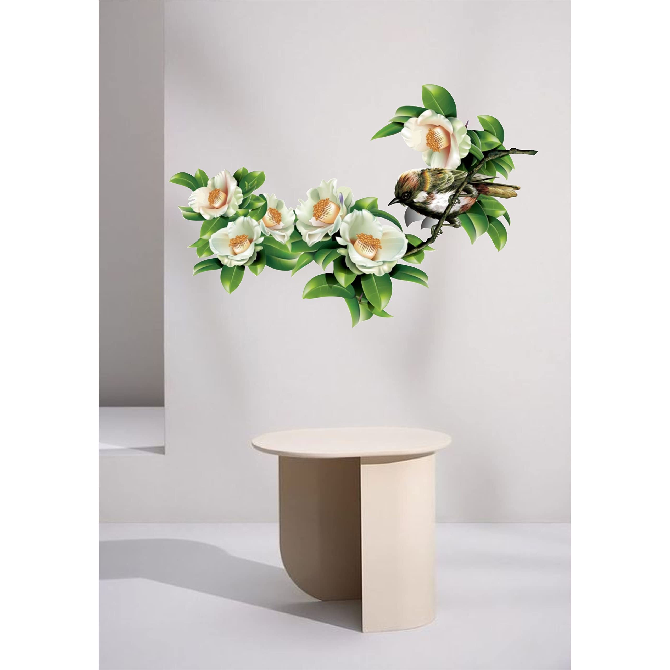 Dreamkraft Beautiful White Flower With Birds Wall Sticker For Home Decor, Drawing Room (Multicolor, Pvc Vinyl 79 X 48Cm)