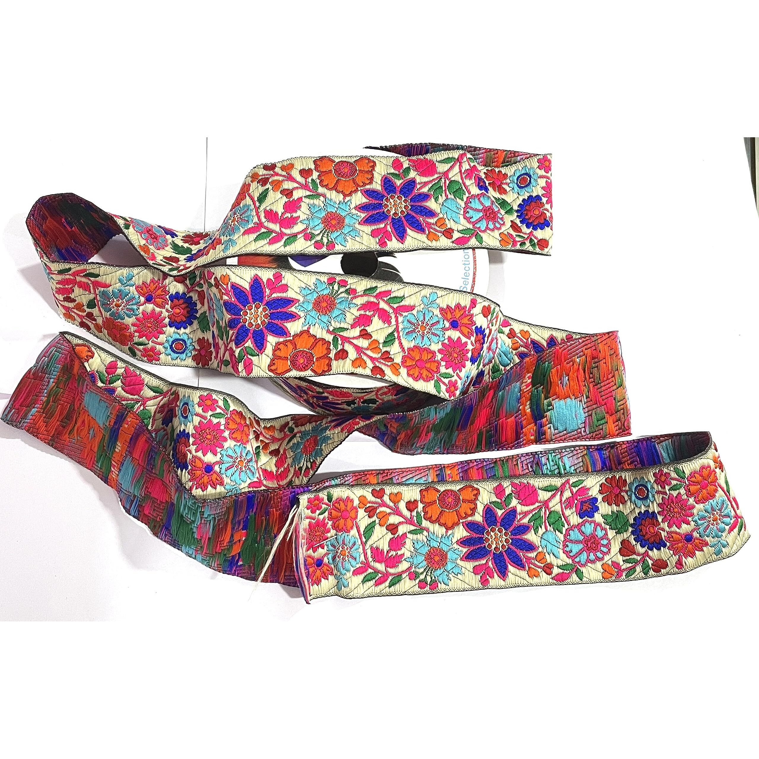 Omx 9 Mtr Roll, 2 Inch (51Mm) Embroided Jacquard Ribbon Daisy Leaves On Waves Fabric Trim Fringe Floral Woven Trim For Embellishment, Patti, Saree Border, Party Decoration