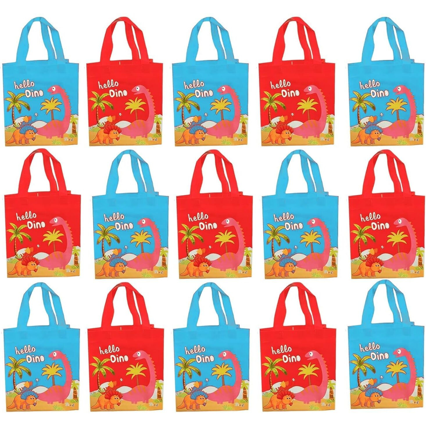 Nizomi 15 Pc Dinosaur Party Favor Bags - Dinosaur Themed Waterproof Carry Bags - Perfect For Return Gifts, Birthday Presents, Baby Shower, Christmas For Boys, Girls, Kids (Multi Color)