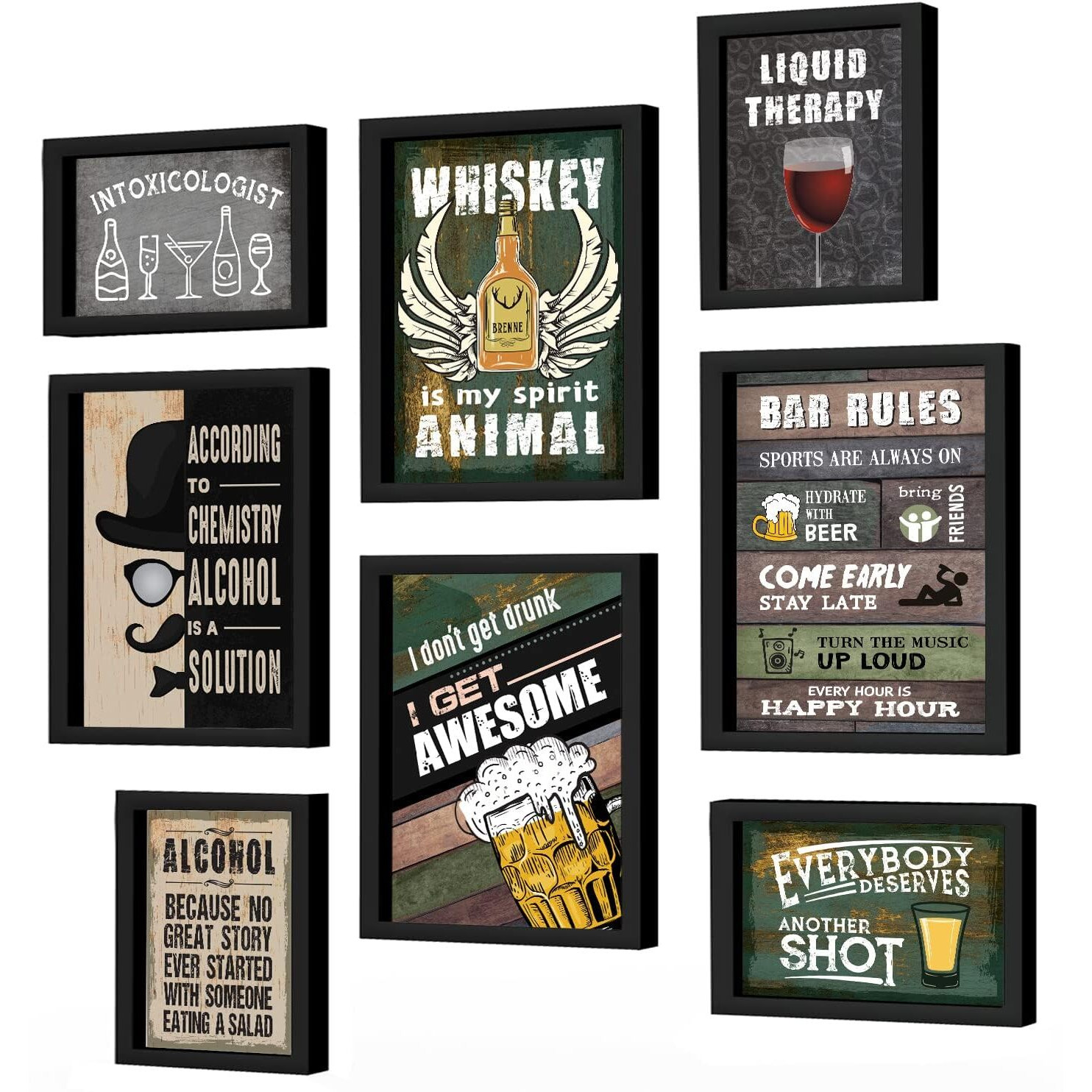 Chaka Chaundh - Set Of 8 Alchohol Quotes Framed Posters - Beer Bar Quotes Poster With Frame For Wall - (4 - A3) & (4 - A4) Whiskey Cocktail Quotes Frame