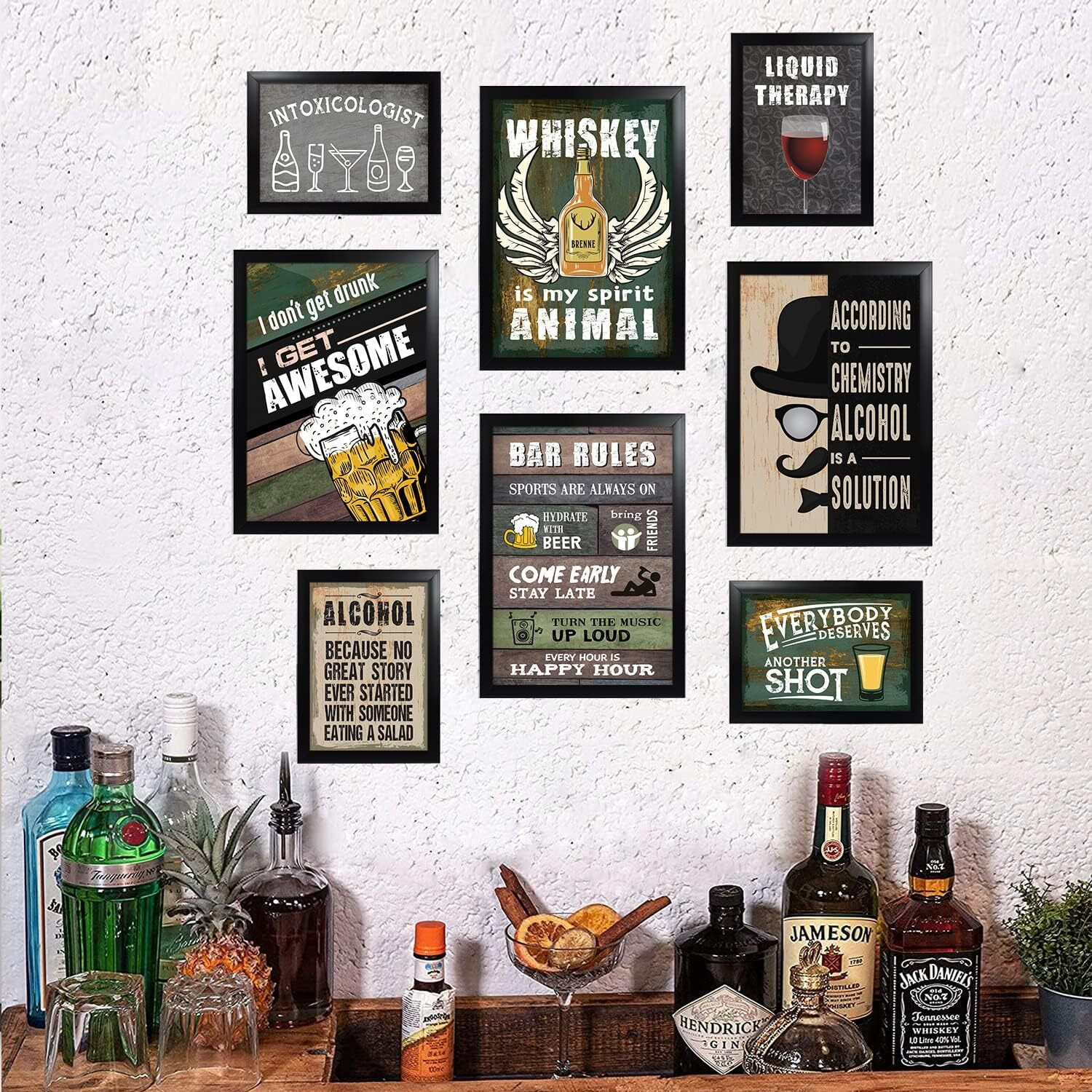 Chaka Chaundh - Set Of 8 Alchohol Quotes Framed Posters - Beer Bar Quotes Poster With Frame For Wall - (4 - A3) & (4 - A4) Whiskey Cocktail Quotes Frame