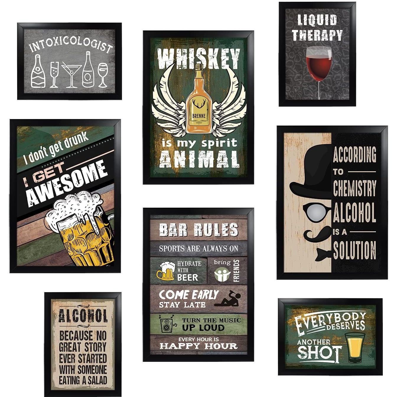 Chaka Chaundh - Set Of 8 Alchohol Quotes Framed Posters - Beer Bar Quotes Poster With Frame For Wall - (4 - A3) & (4 - A4) Whiskey Cocktail Quotes Frame