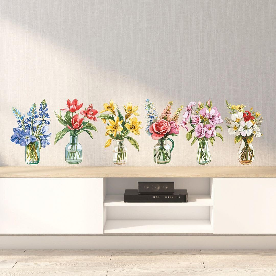 Cvanu Beautiful Glass Look Mason Jar Flowers Self-Adhesive Vinyl Decal Floral Wall Art Print Waterproof Stickers For Living Room| Window| Bedroom| Kids Room| Office (8Inchx5.8Inch)_745
