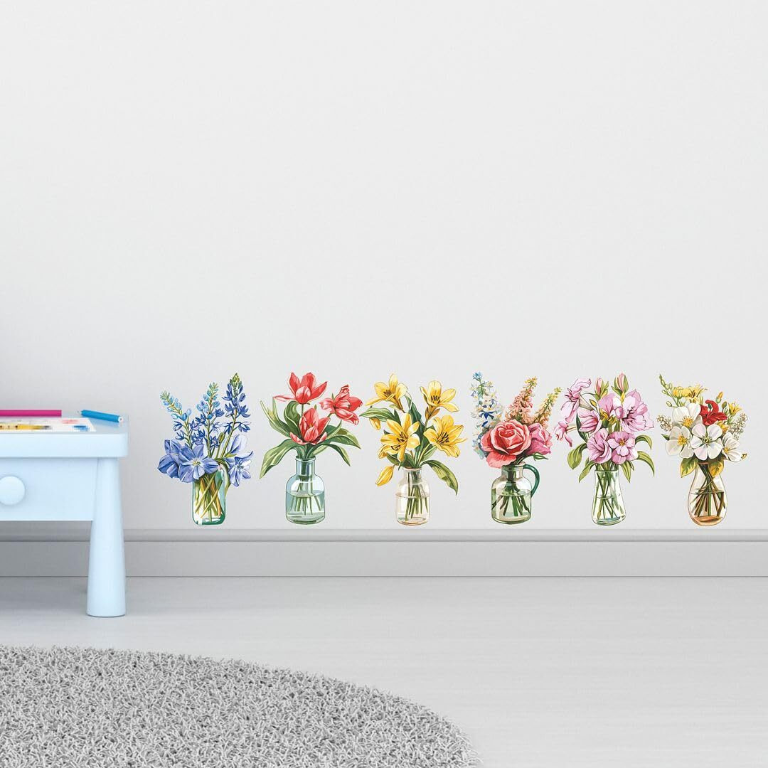 Cvanu Beautiful Glass Look Mason Jar Flowers Self-Adhesive Vinyl Decal Floral Wall Art Print Waterproof Stickers For Living Room| Window| Bedroom| Kids Room| Office (8Inchx5.8Inch)_745
