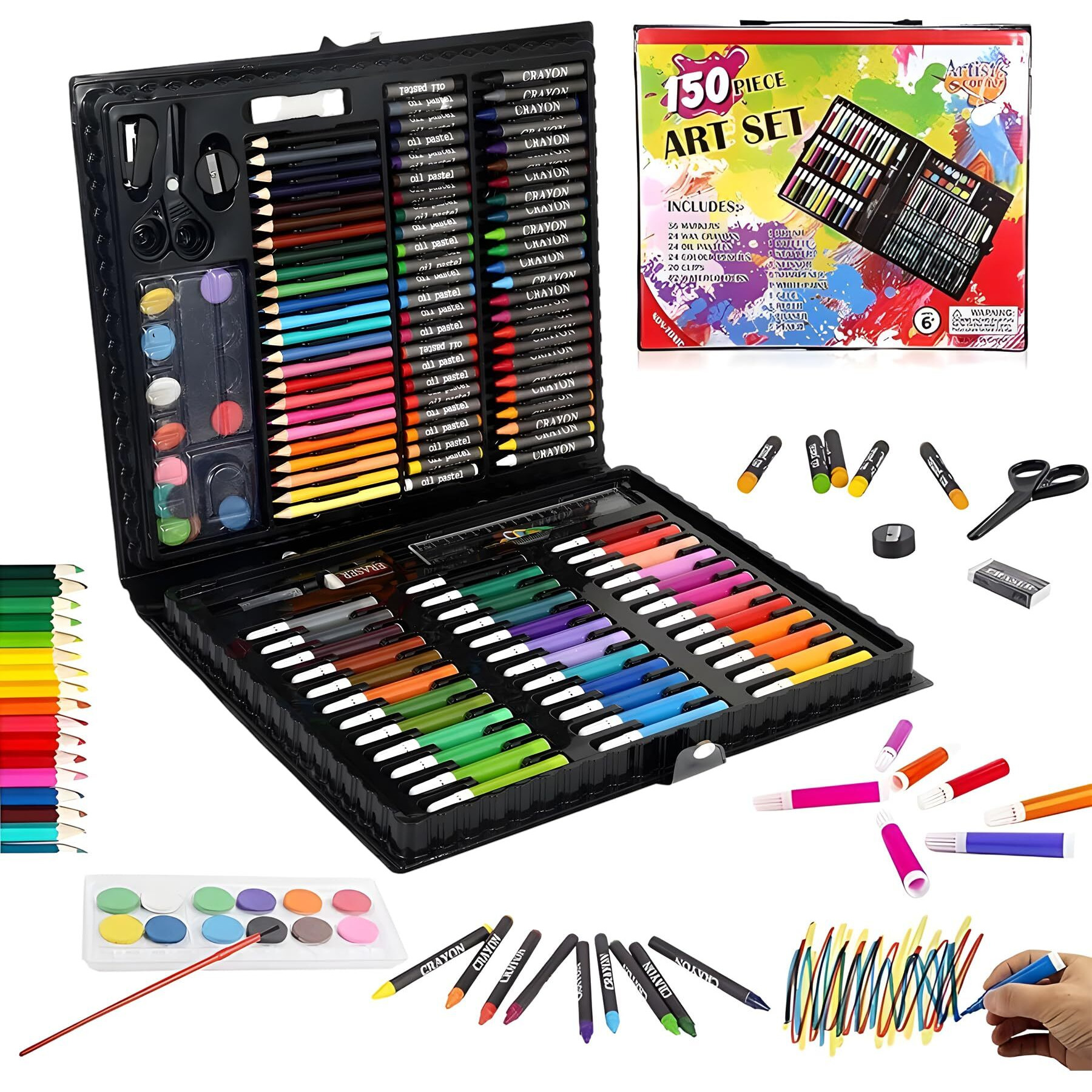 Wishkey 150 Pieces Art Set For Kids With Case, Art And Craft Supplies Kit For Drawing And Painting, Color Set With Markers, Water Colors, Brush, Color Pencils, Crayons (Pack Of 1, Multicolor)