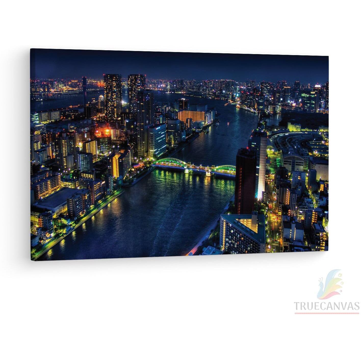 Truecanvas Night Tokyo River Bridge, Wooden Framed Canvas Paintings For Living Room | Bedroom | Office | Gallery | Ready Wall Mount Canvas Wall Art Painting | Size - 12 X 18In, Ct0302