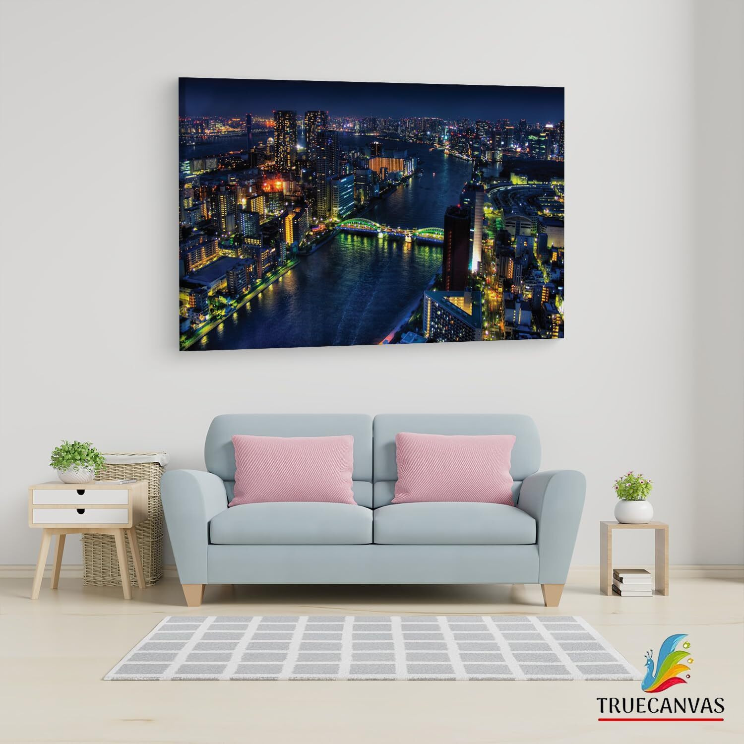 Truecanvas Night Tokyo River Bridge, Wooden Framed Canvas Paintings For Living Room | Bedroom | Office | Gallery | Ready Wall Mount Canvas Wall Art Painting | Size - 12 X 18In, Ct0302