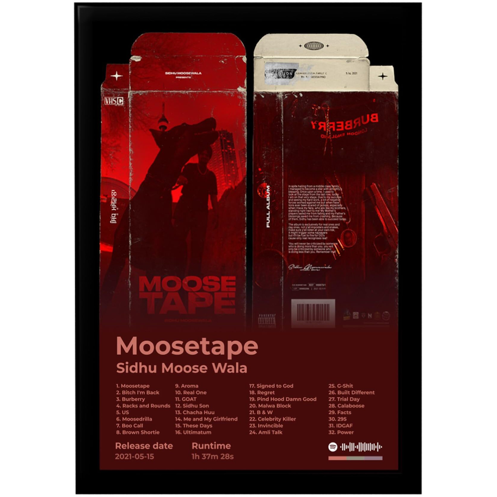 Blinkart Siddu Moosewala (Moosetape) Popular Music Album Songs Hanging Wall Artwork Photo Frames (13X10) Inch Decoration Home Bedroom Living Room Aesthetics Spotify Song Link Qr Code
