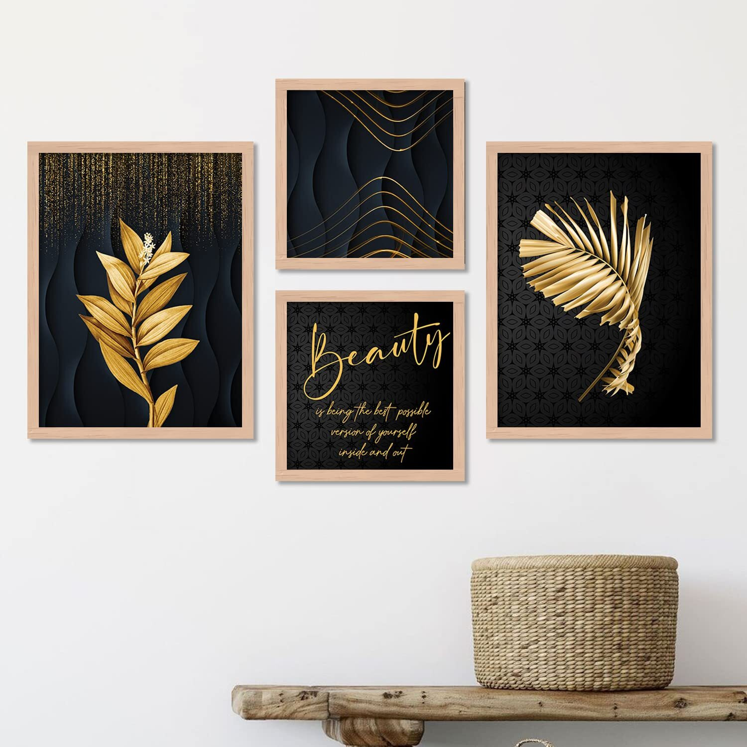 Kalit Kala Decor Paintings For Wall Decoration With Frame | Golden Leaf Paintings For Living Room, Bedroom | Set Of 4
