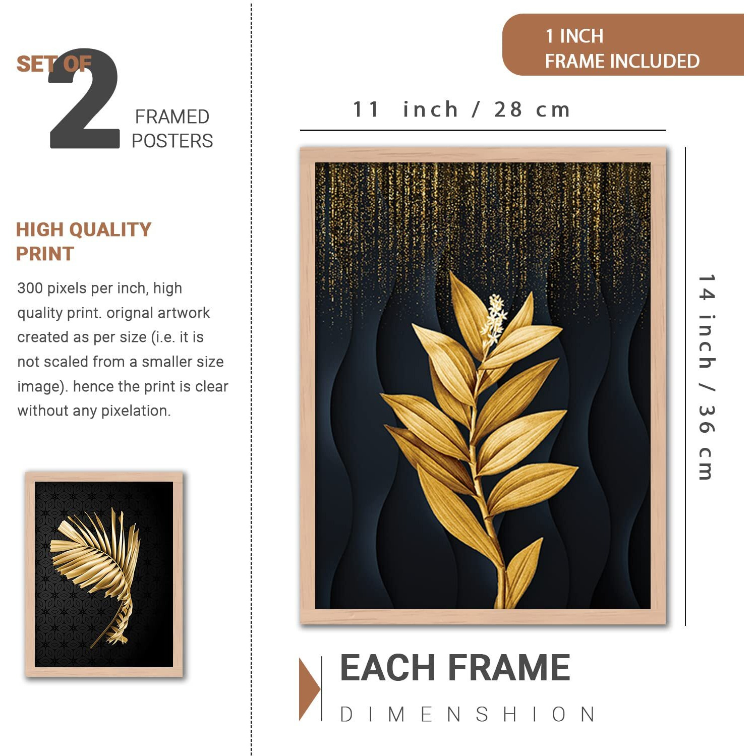 Kalit Kala Decor Paintings For Wall Decoration With Frame | Golden Leaf Paintings For Living Room, Bedroom | Set Of 4