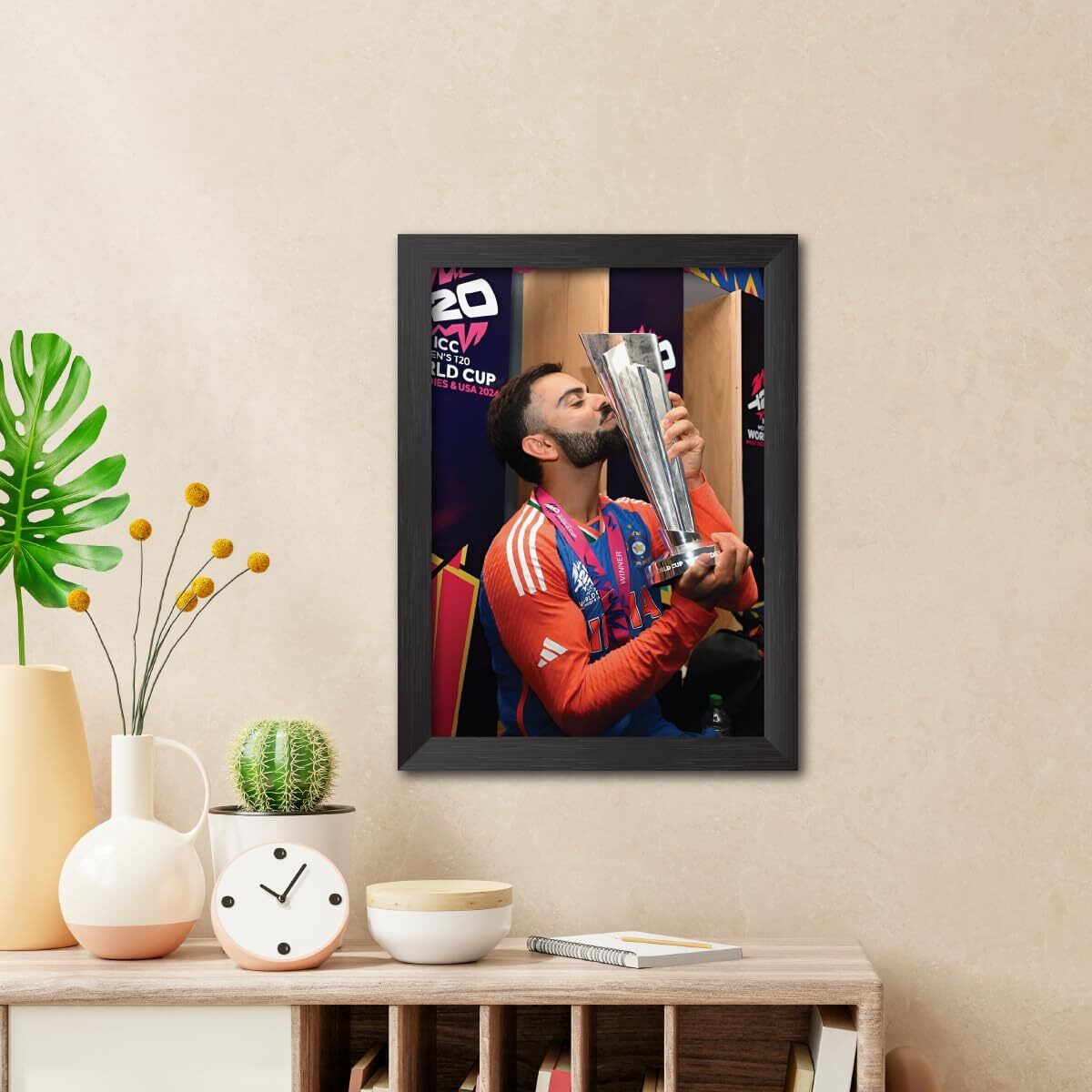 Tenorarts Virat Kohli Worldcup T20 Poster Indian Cricket Photo Framed Painting With Matt Finish Black Texture (12 Inches X 9Inches)