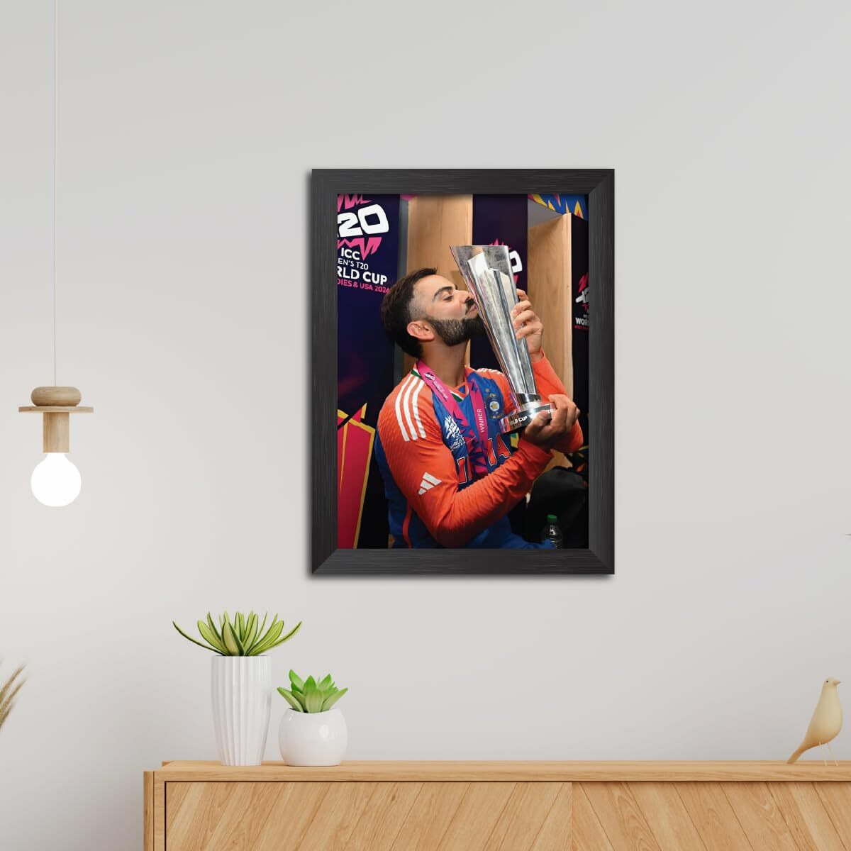 Tenorarts Virat Kohli Worldcup T20 Poster Indian Cricket Photo Framed Painting With Matt Finish Black Texture (12 Inches X 9Inches)