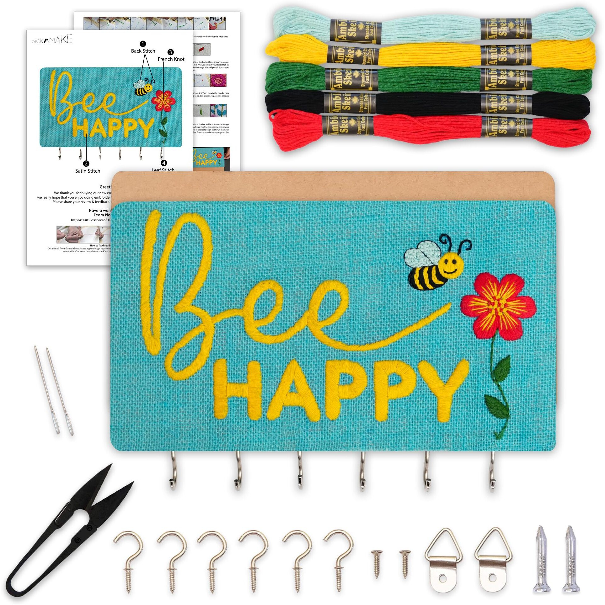 Picknmake Diy Embroidery Keychain Holder Kit - Stitch Bee Happy Design On Stiff Fabric, Assemble On Mdf Panel, Create A Personalized Wall-Mounted Key Organizer With Hooks, Hinges & Complete Tools