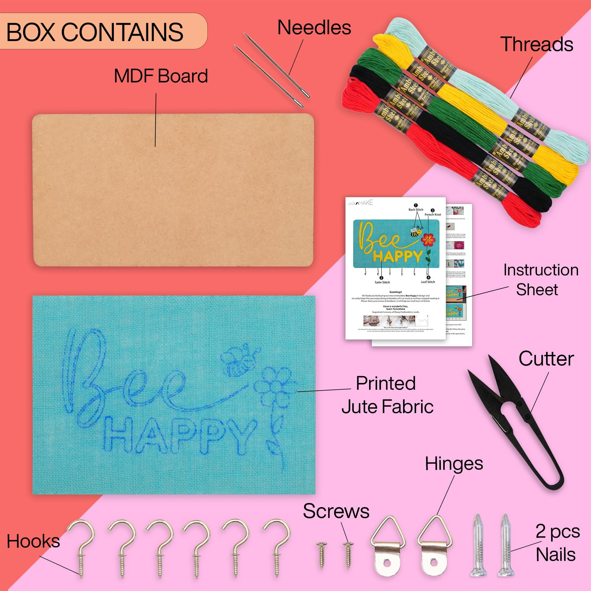 Picknmake Diy Embroidery Keychain Holder Kit - Stitch Bee Happy Design On Stiff Fabric, Assemble On Mdf Panel, Create A Personalized Wall-Mounted Key Organizer With Hooks, Hinges & Complete Tools