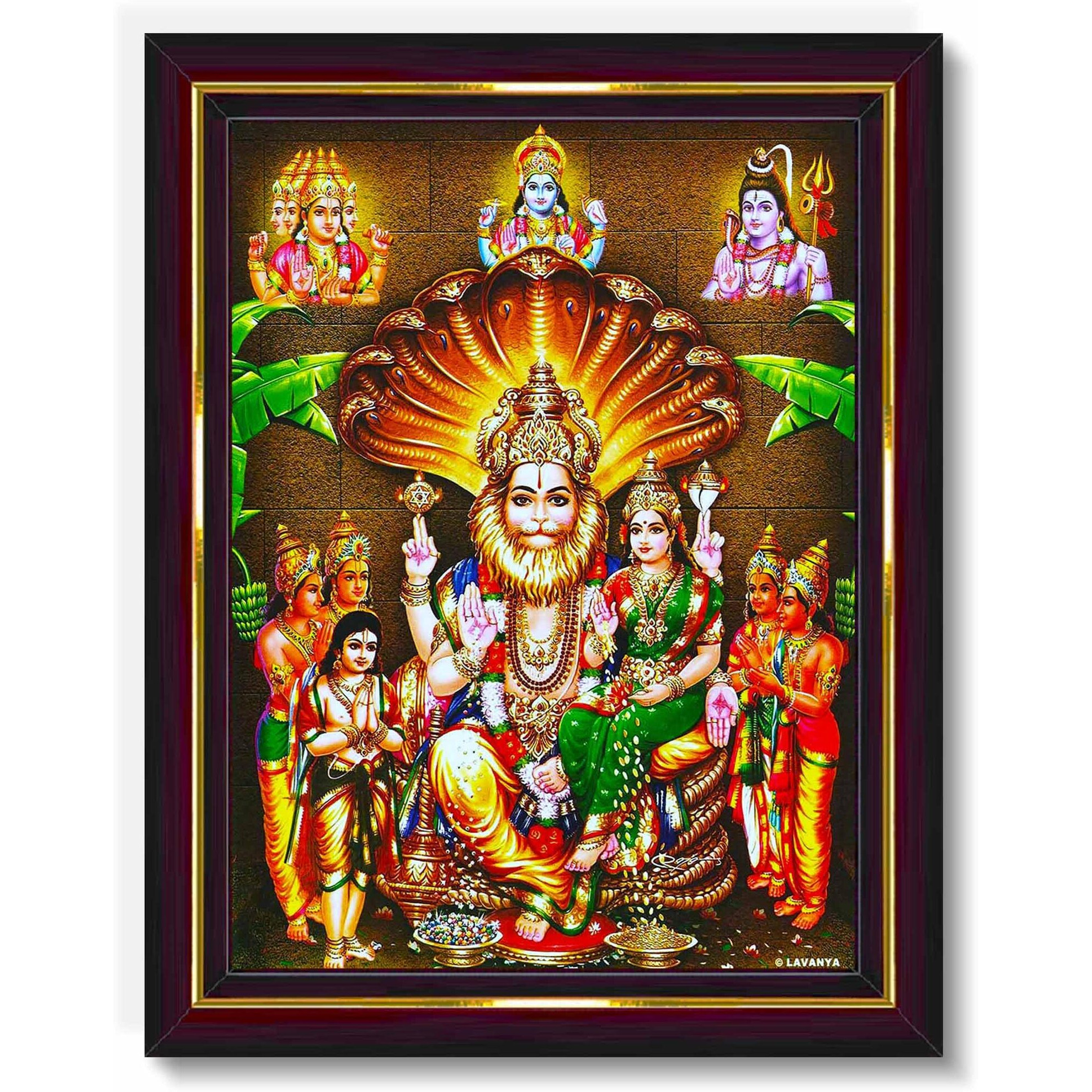 Pavan Photo Laminations Lakshmi Narasimha Swamy Lord Narsingh Bhagwan Wall Painting Framed Home Decor (Wood,Matte,Brown,Small Size,6 X 8 Inch) B593S