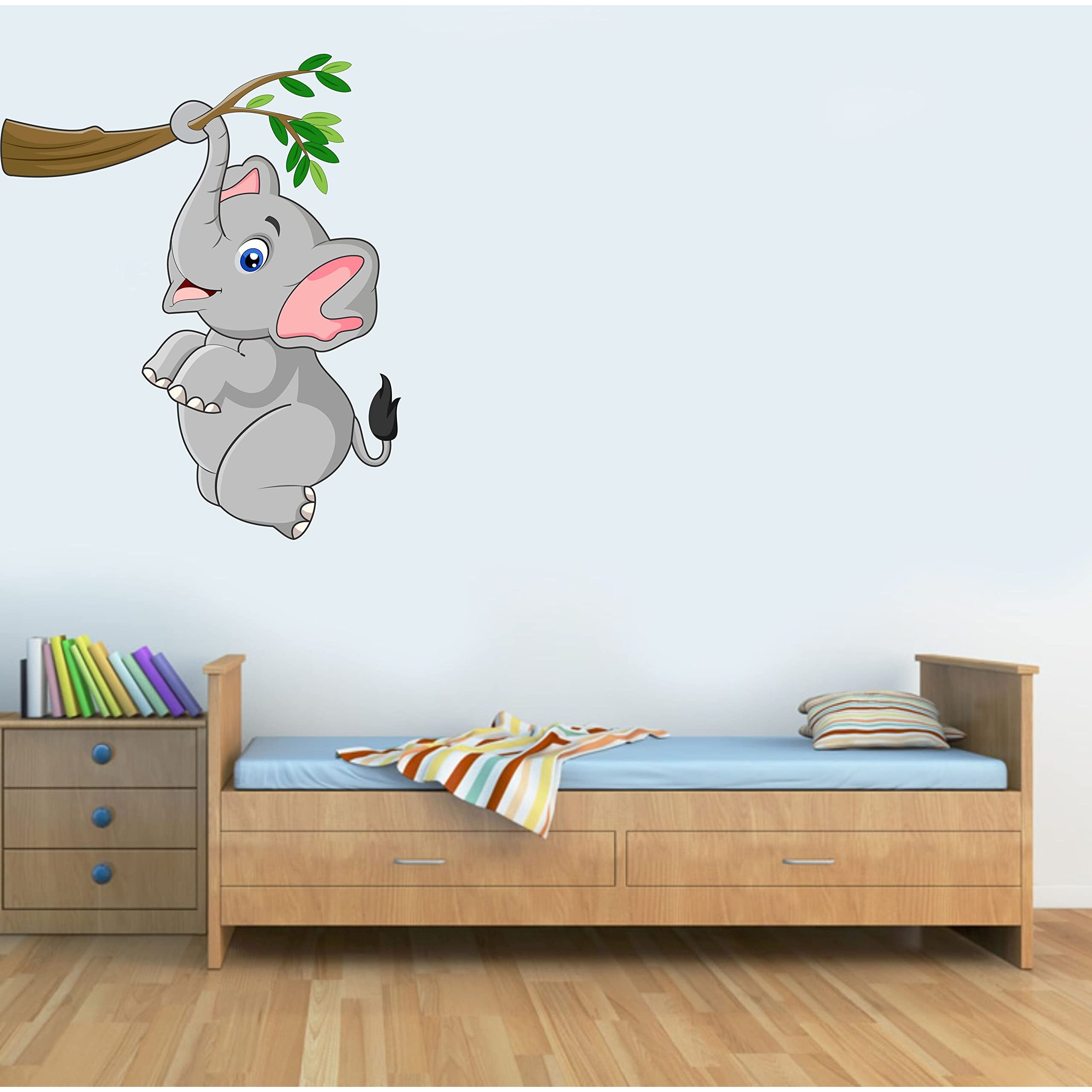 Dreamkraft Hanging Elephant On Tree Branch Animal, Botanical Wall Sticker (Multicolor Pvc Vinyl 94 X 79Cm)