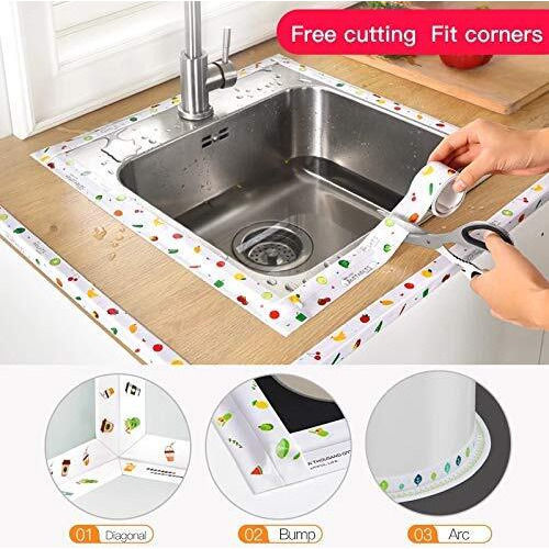 Ravirandal Waterproof Tape For Kitchen Sink Oil Proof Caulk Tape Kitchen Sink Tape Waterproof For Corner Caulk Strip Self Adhesive Sealing Tape Gap Sealer For Platform Bathroom 3.2M -1Pcs (Multi Print)