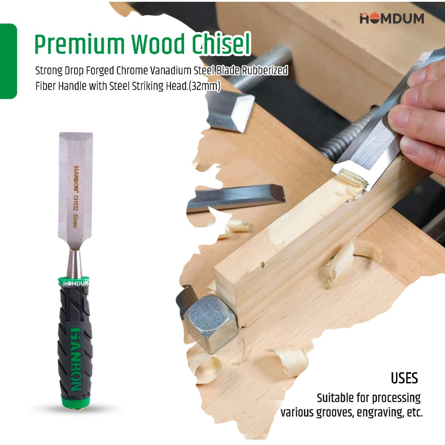 Homdum Premium Wood Chisel Hanbon 32 Mm Strong Drop Forged Chrome Vanadium Steel Blade Rubberized Fiber Handle With Steel Striking Head.(32Mm)