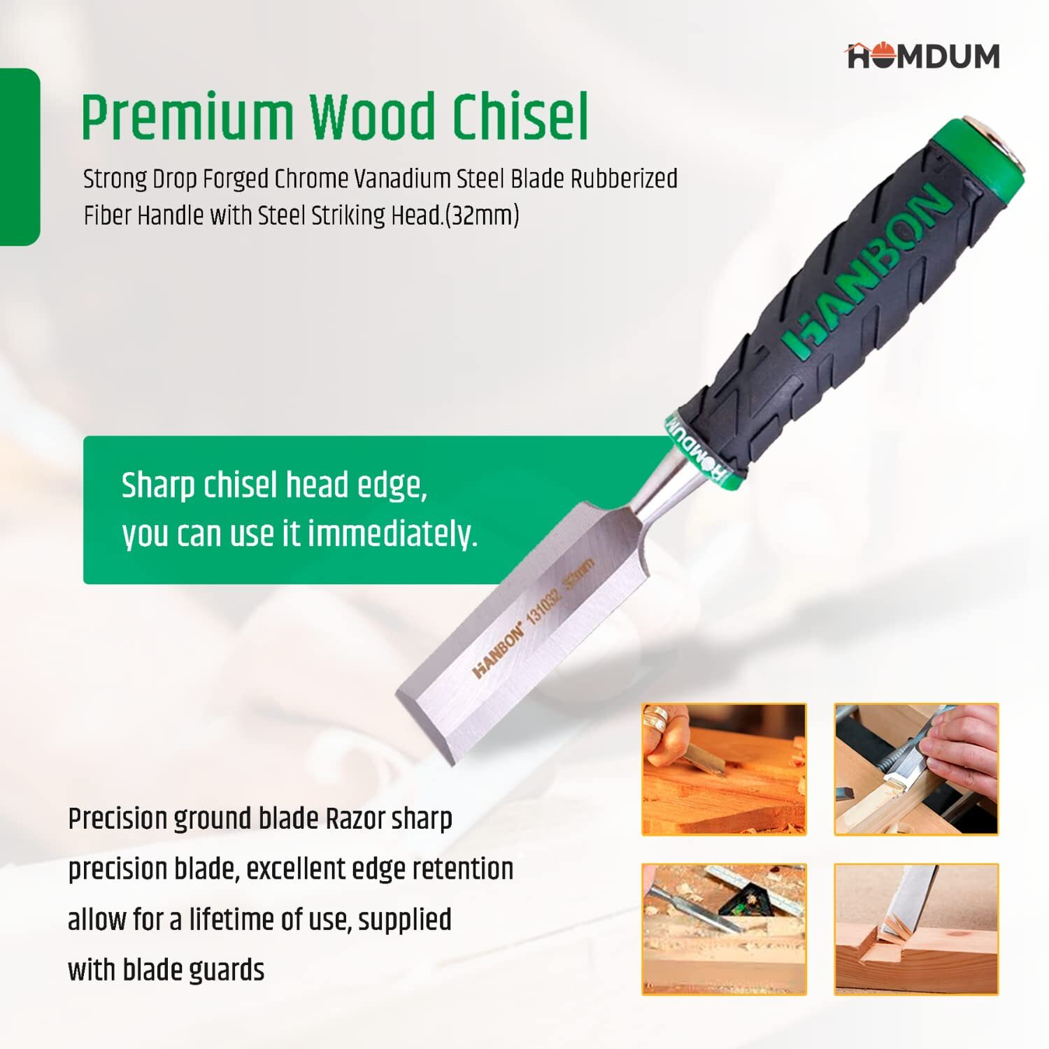 Homdum Premium Wood Chisel Hanbon 32 Mm Strong Drop Forged Chrome Vanadium Steel Blade Rubberized Fiber Handle With Steel Striking Head.(32Mm)