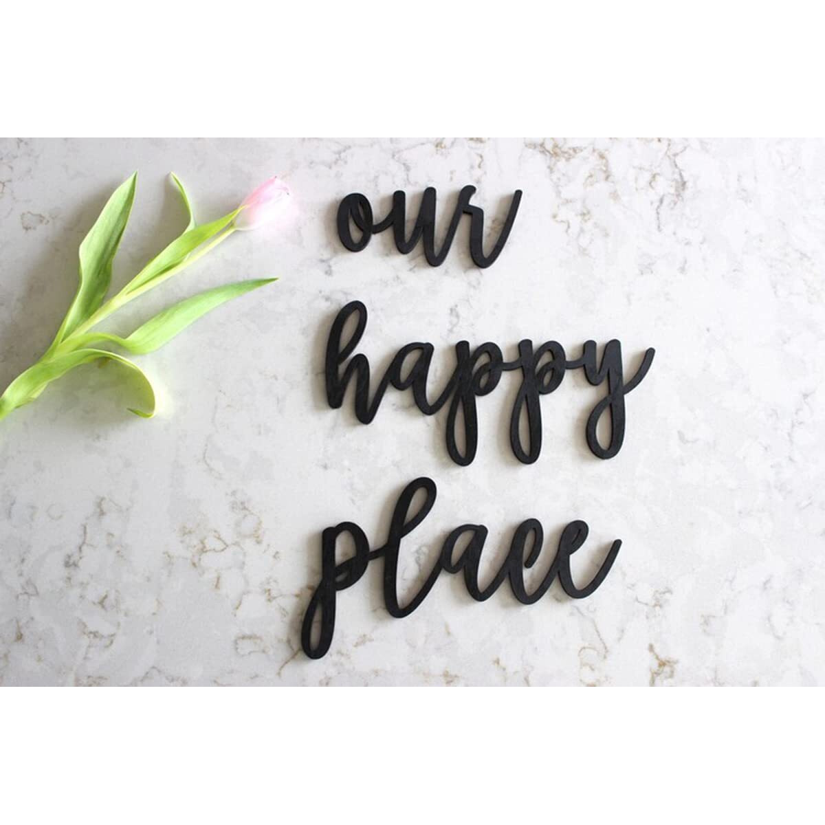 Meraki Mart Our Happy Place Sign Designed Art Of Wood Wall Hanging Decor Plaque Sculptures Black Wall Decoration Round Contemporary Home, Bedroom, Bathroom, Office, Cafe (Pack Of 3, 12 Inches)