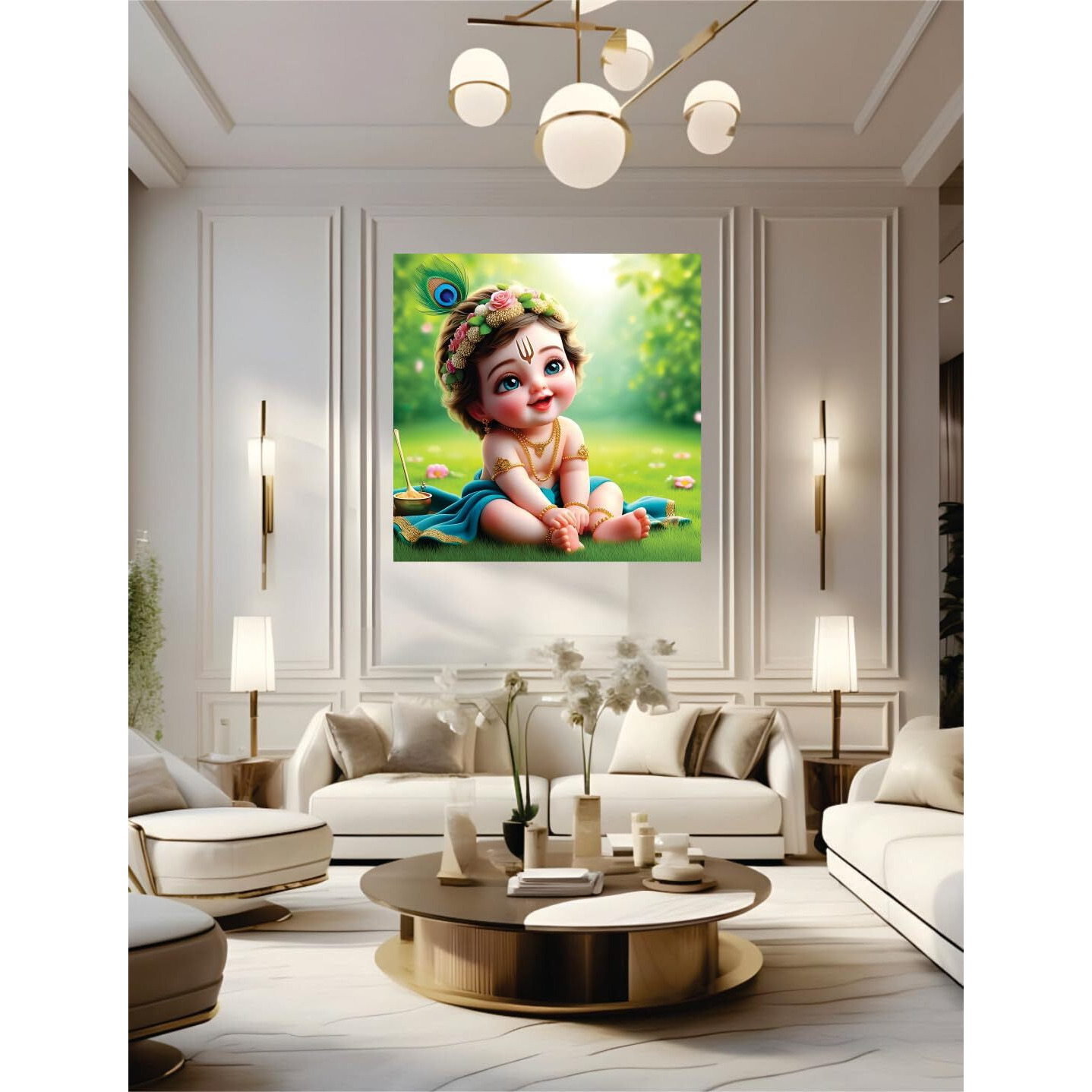Anabia Decor Baby Krishnaseat On Garden God Wall Poster For Pooja Room,Office,Bedroom,Living Room (Size -45 Cm X 45 Cm)